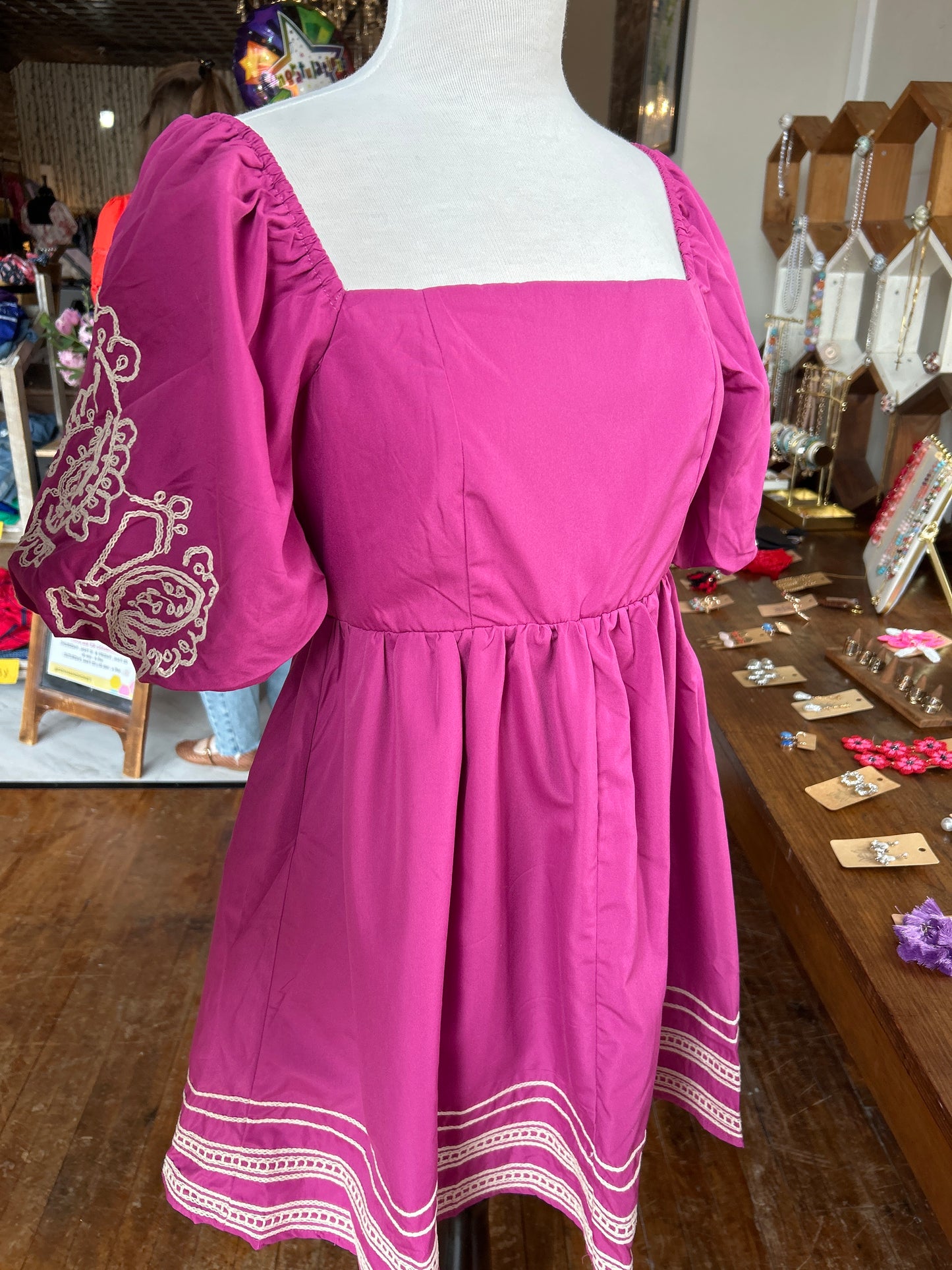 Mauve Embroidered Puff Sleeve Mini Dress