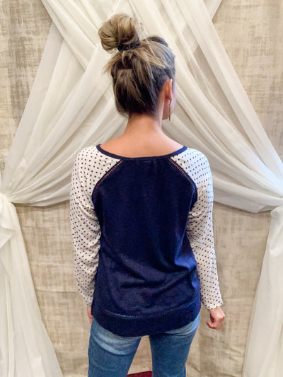 Navy Sweater Top with Contrasting Sleeves and Embroidery