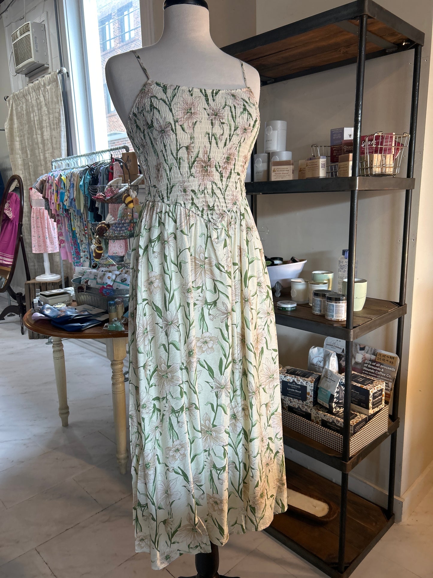 Floral Smocked Spaghetti Strap Midi Sundress - Ivory
