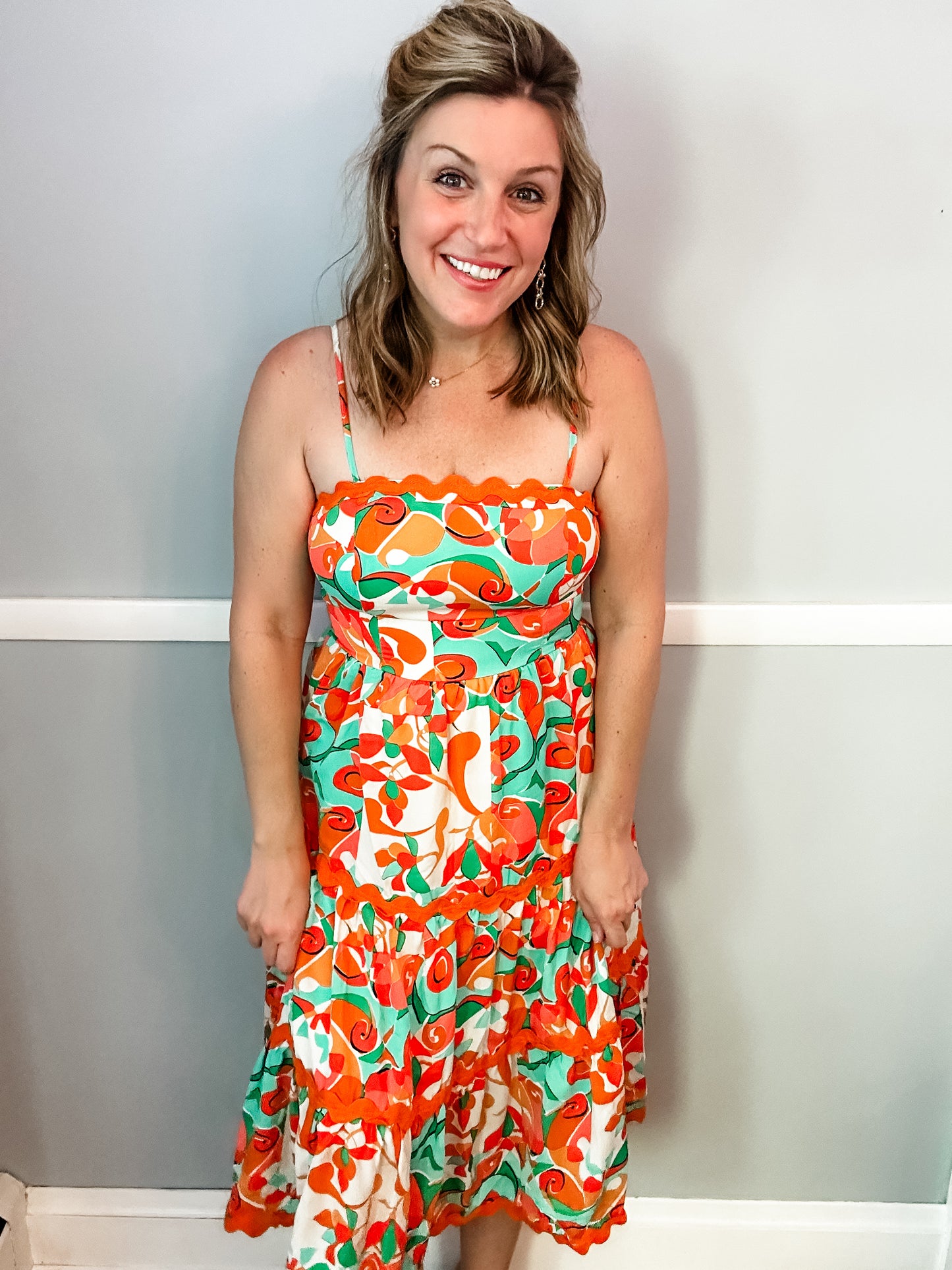 Jade and Orange Ric Rac Midi Dress