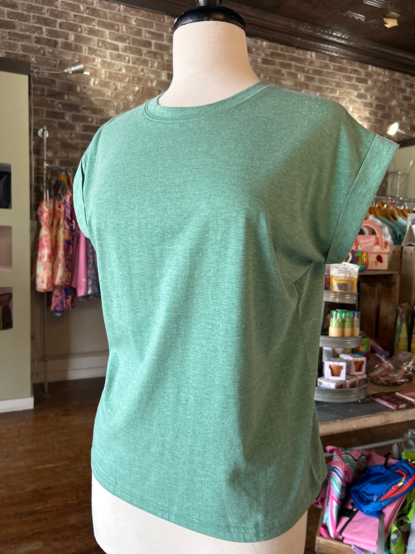 Folded Sleeve Cotton Tee - Heather Green