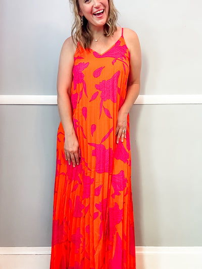 Orange Print Accordion Maxi Dress