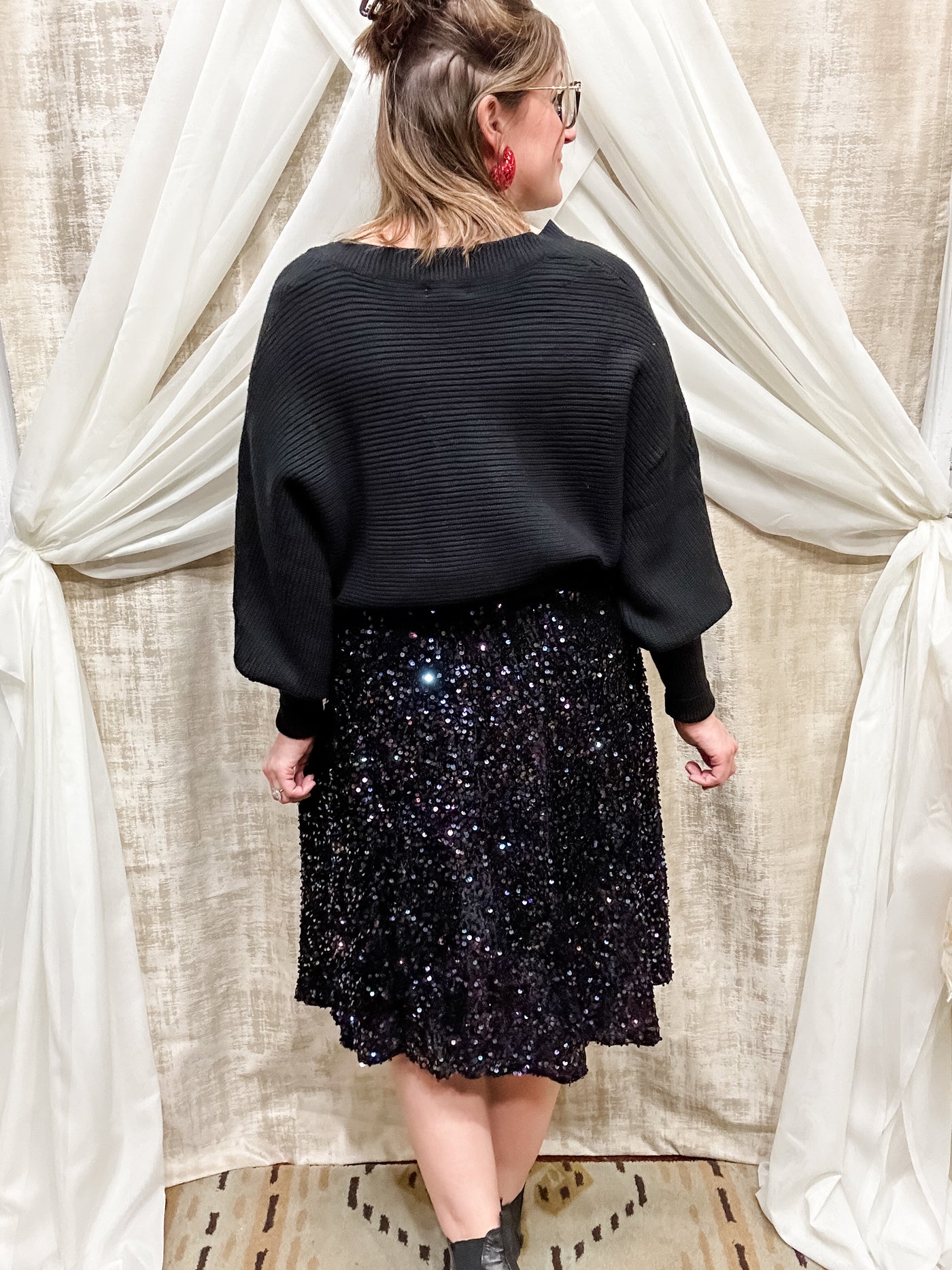 Black Sequin Midi Skirt