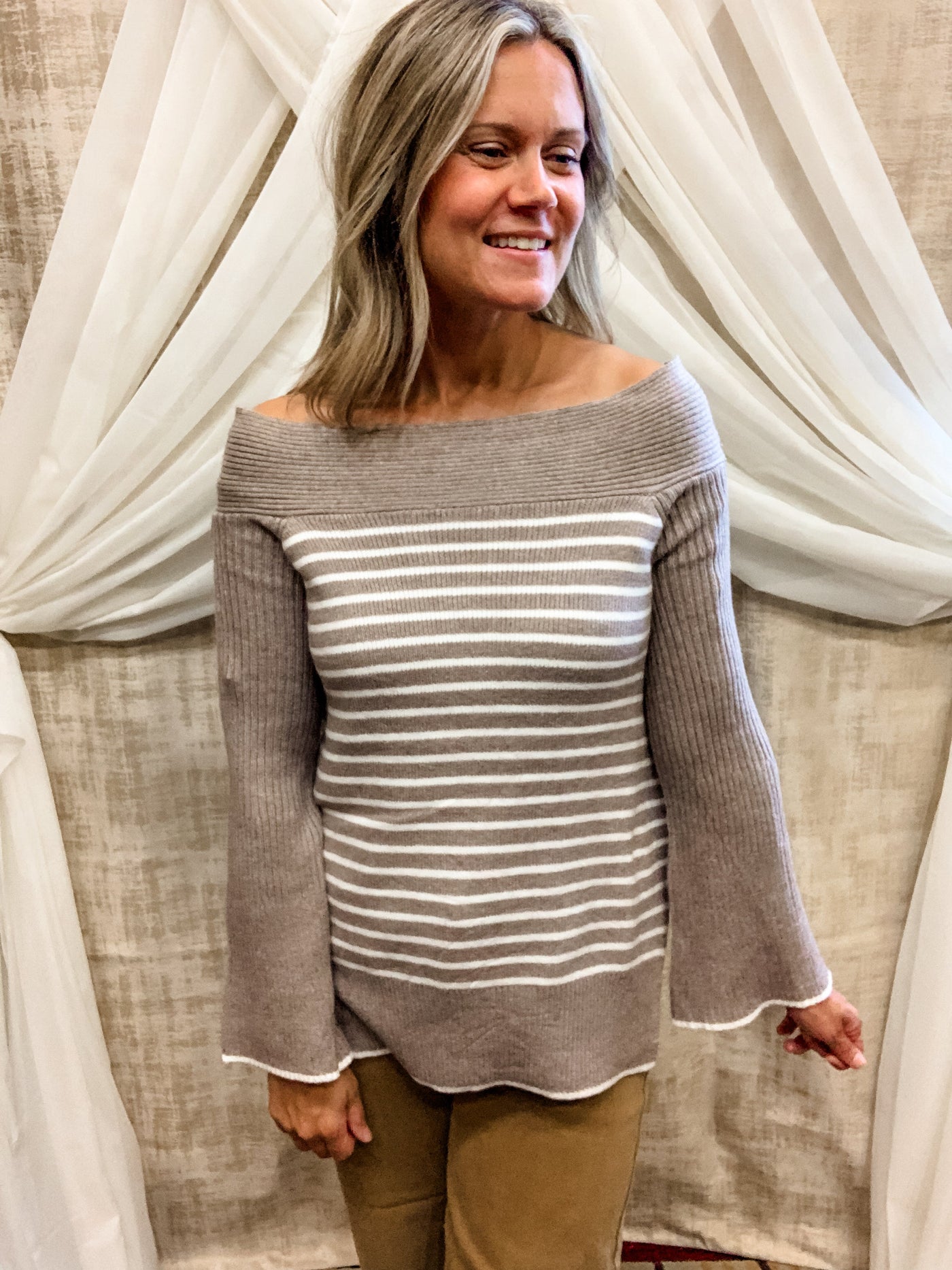 Taupe and Cream Striped Sweater