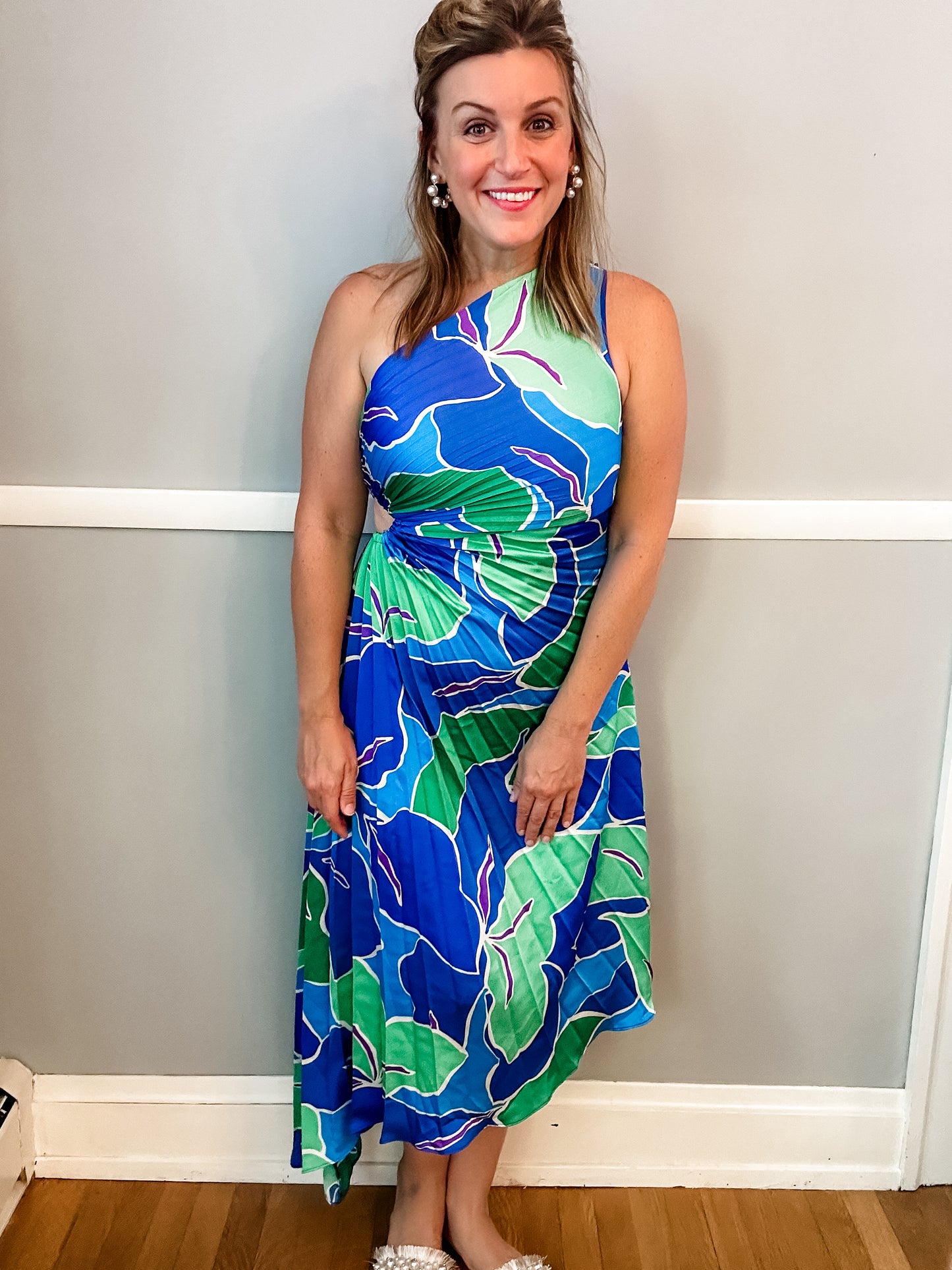 Blue and Green Pleated One Shoulder Dress