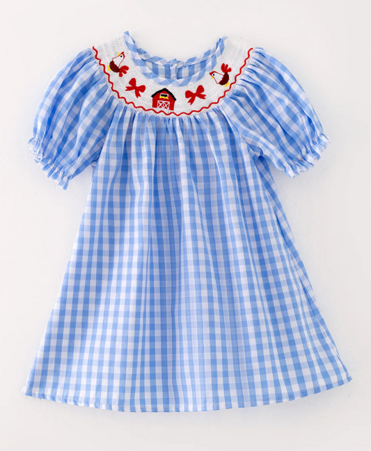 Farm Blue Smocking Embroidered Girls Dress