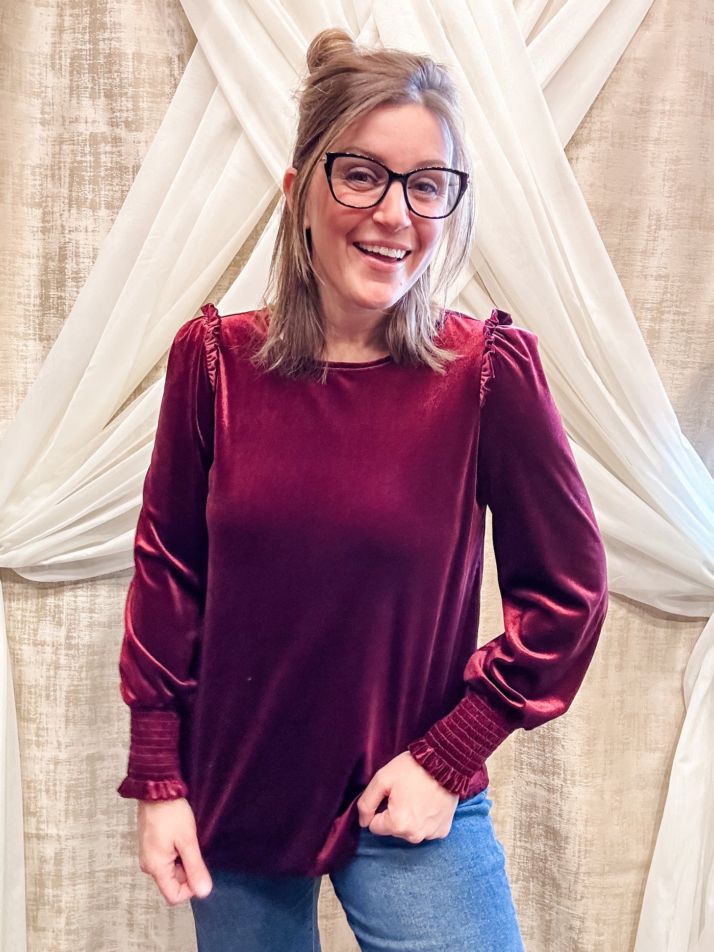 Wine Velvet Long Sleeve Top