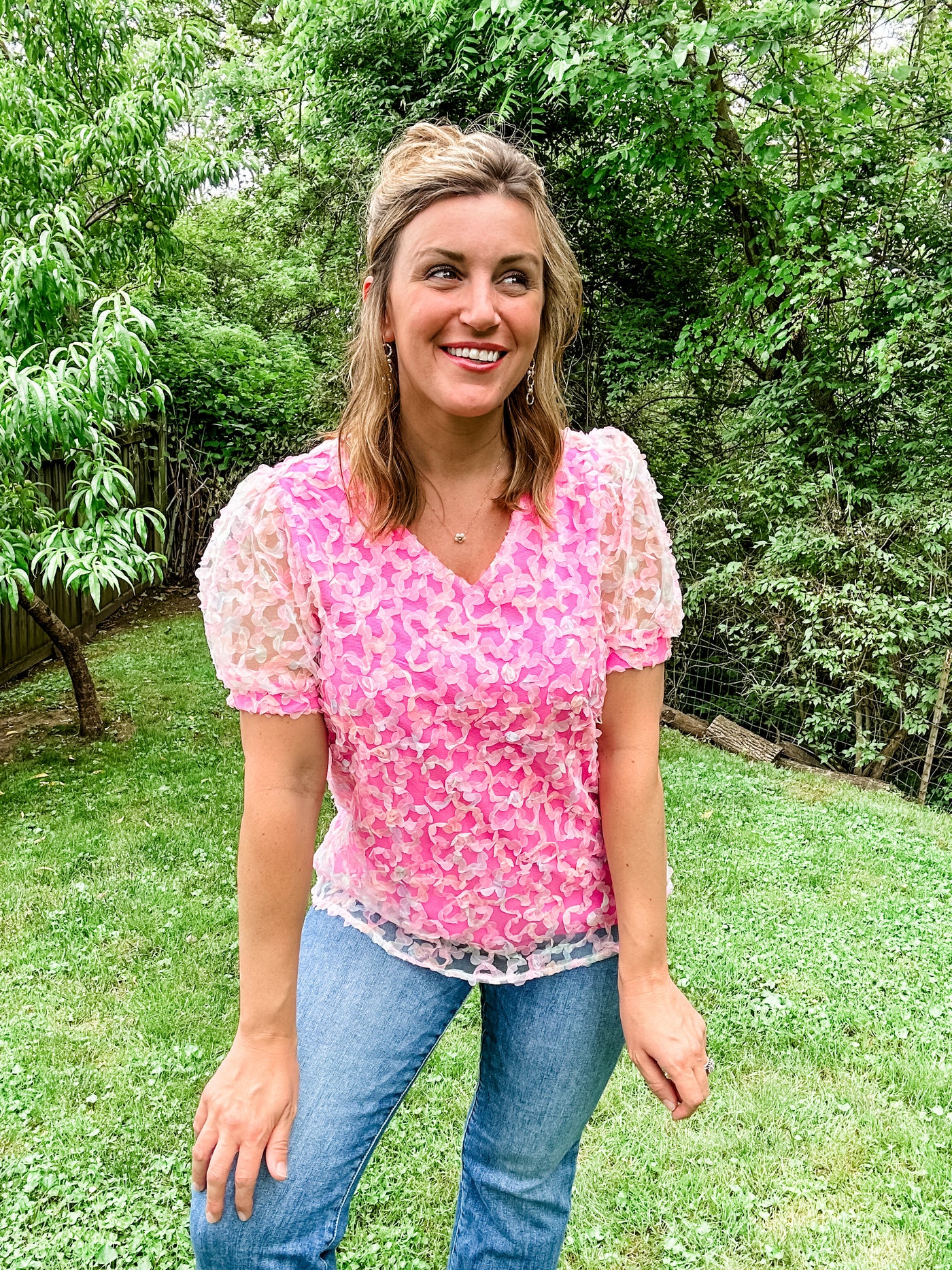 Pink Mesh Flower Top