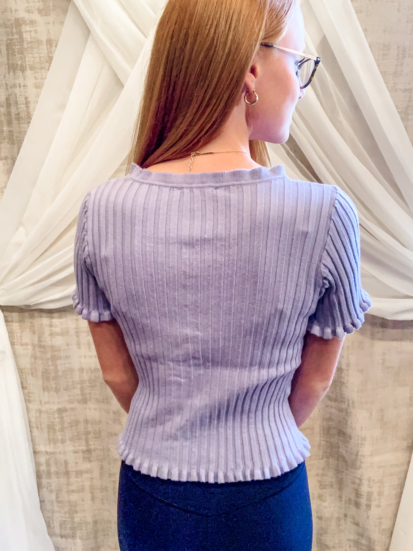 Blue Grey Ribbed Sweater Top with Pearl Buttons