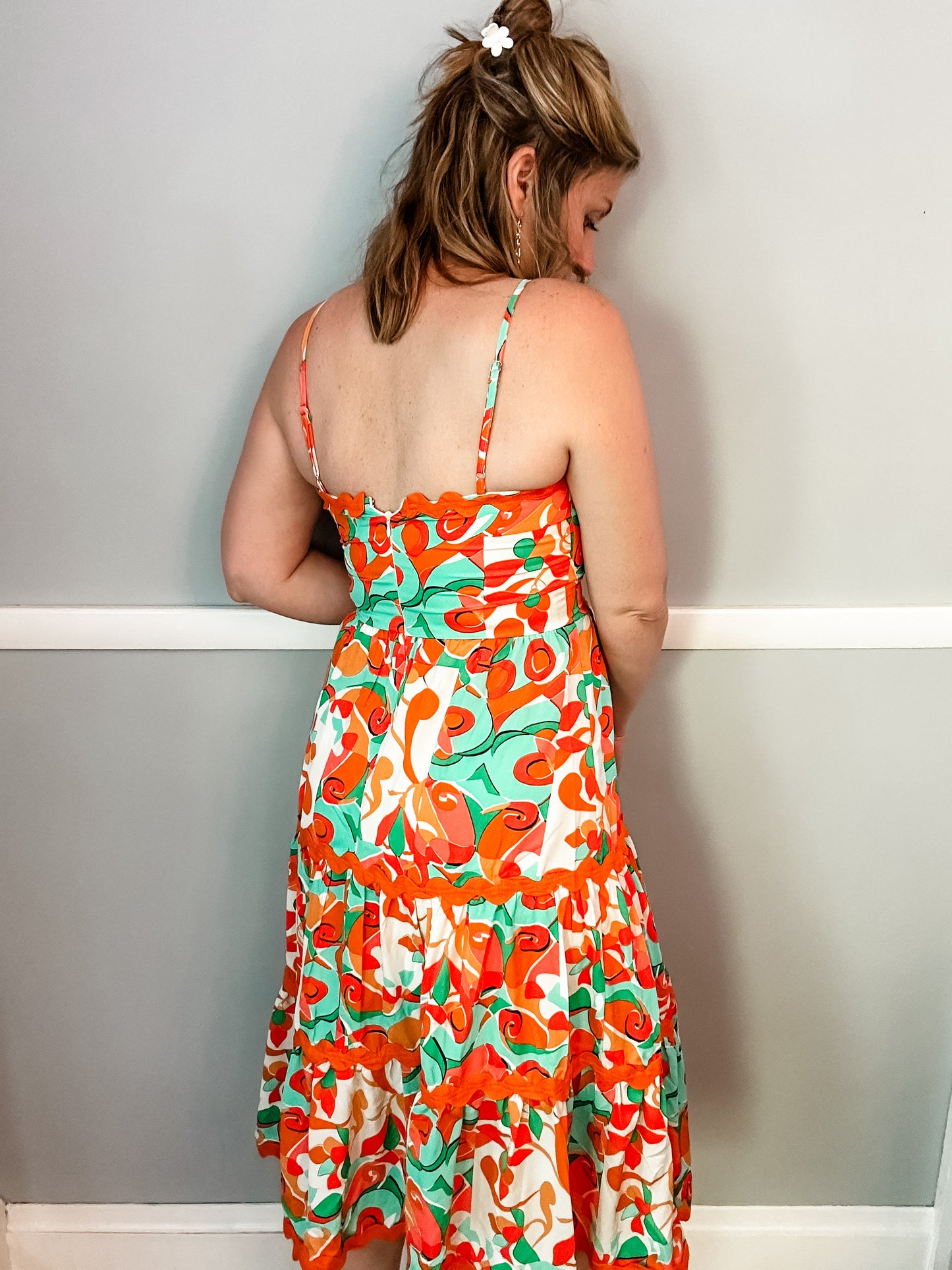 Jade and Orange Ric Rac Midi Dress