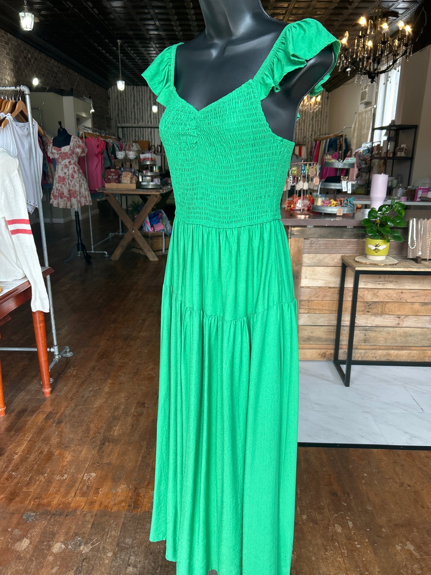Smocked Ruffle Sleeve Midi Dress - Dress