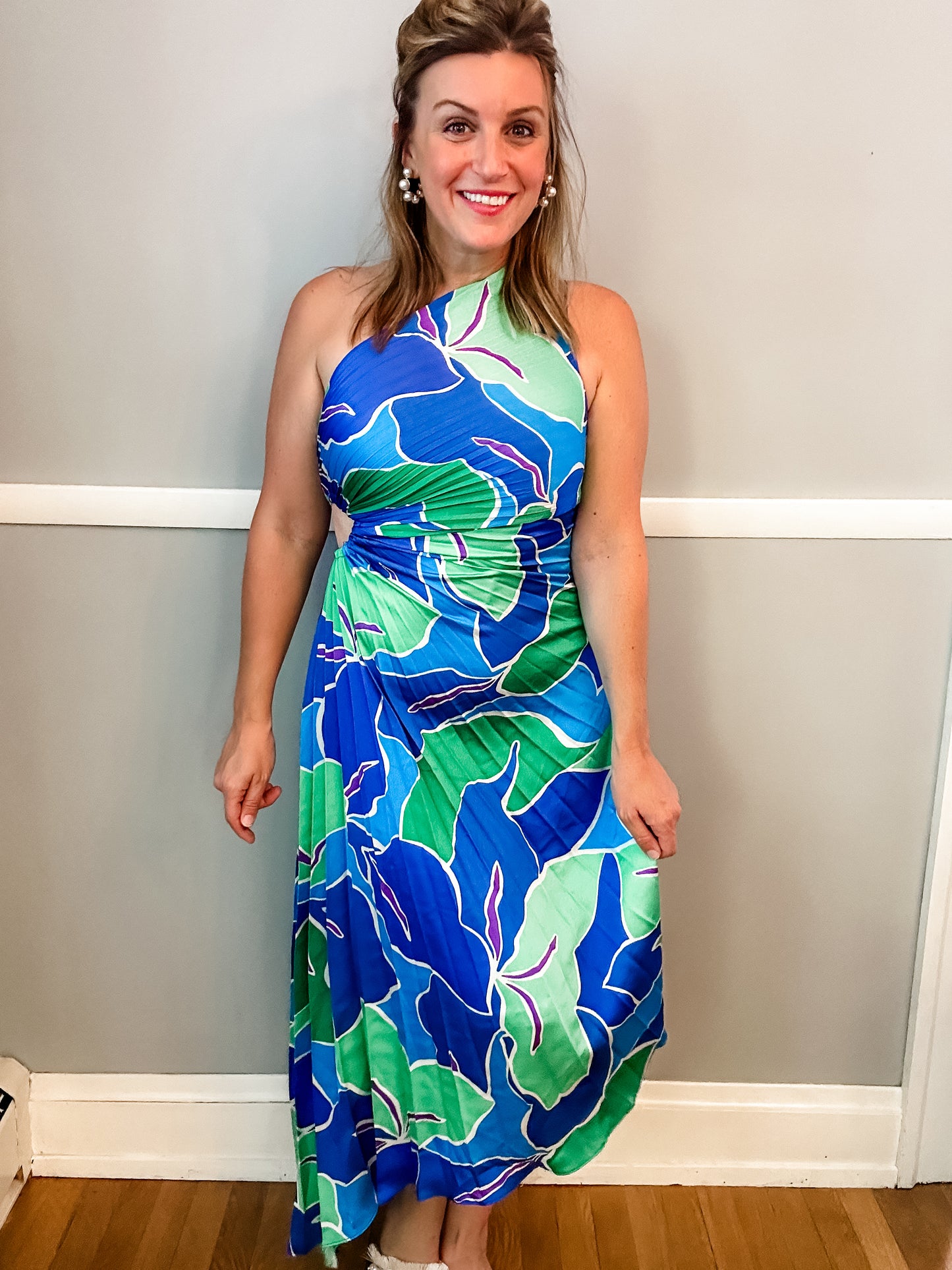 Blue and Green Pleated One Shoulder Dress