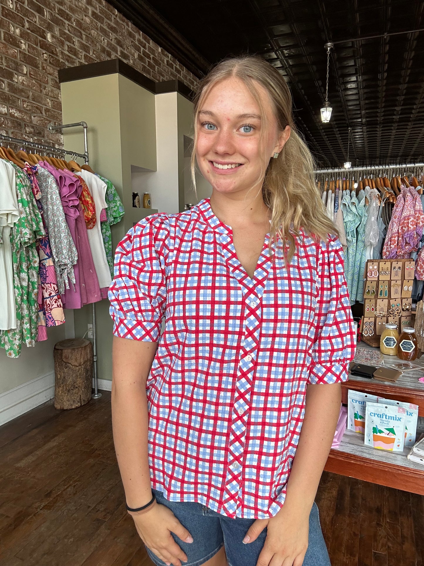 Elaine Top | Gingham Red + Blue
