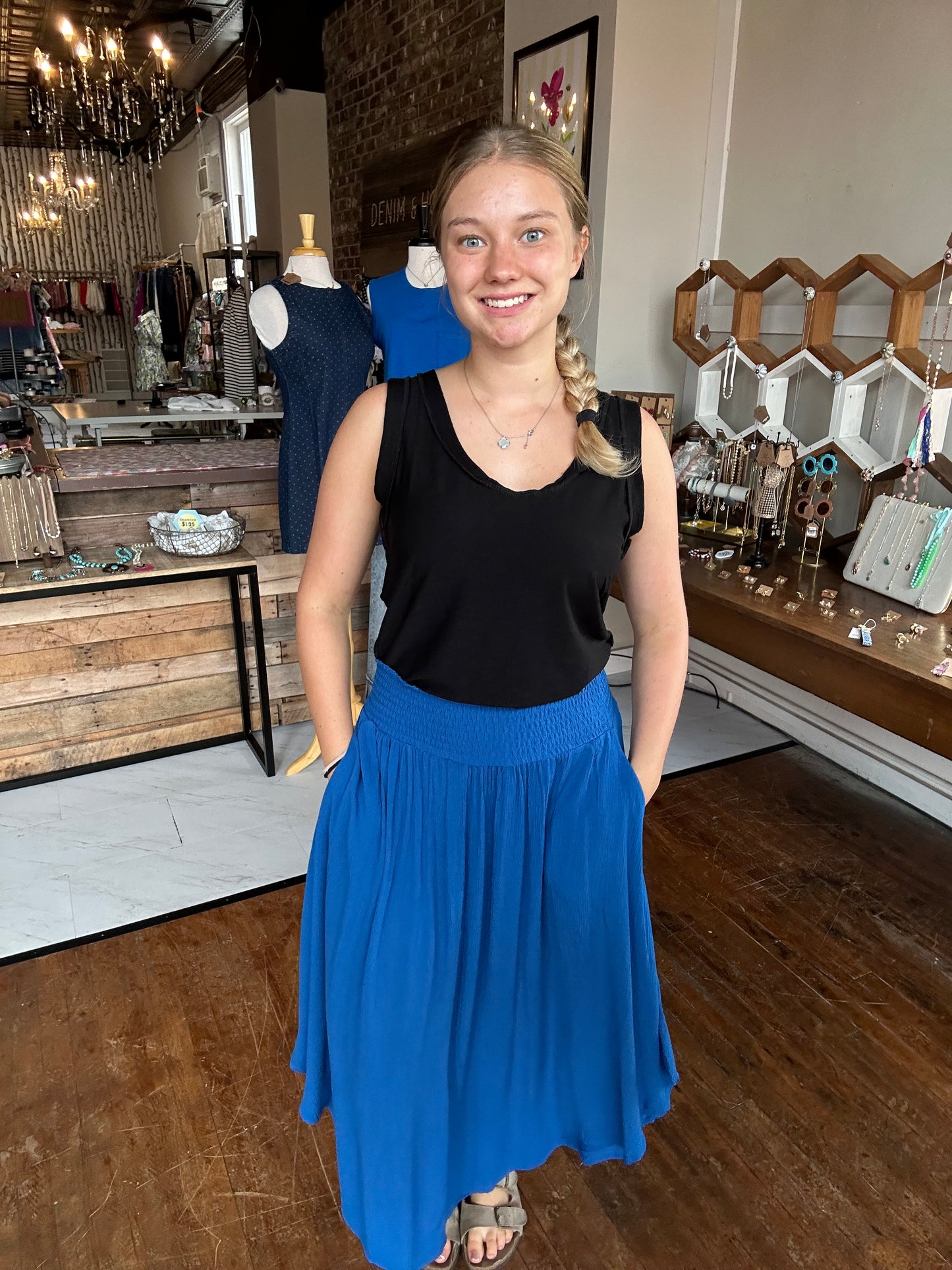 Woven Crinkle Smocked Waist Side Slit Maxi Skirt with Pockets - Classic Blue