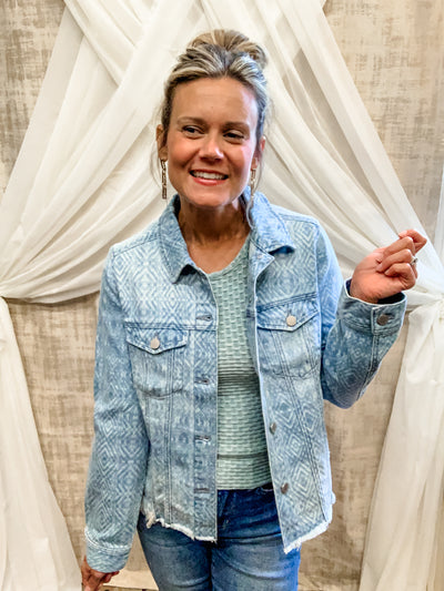 Denim Jacket with Print and Frayed Hem