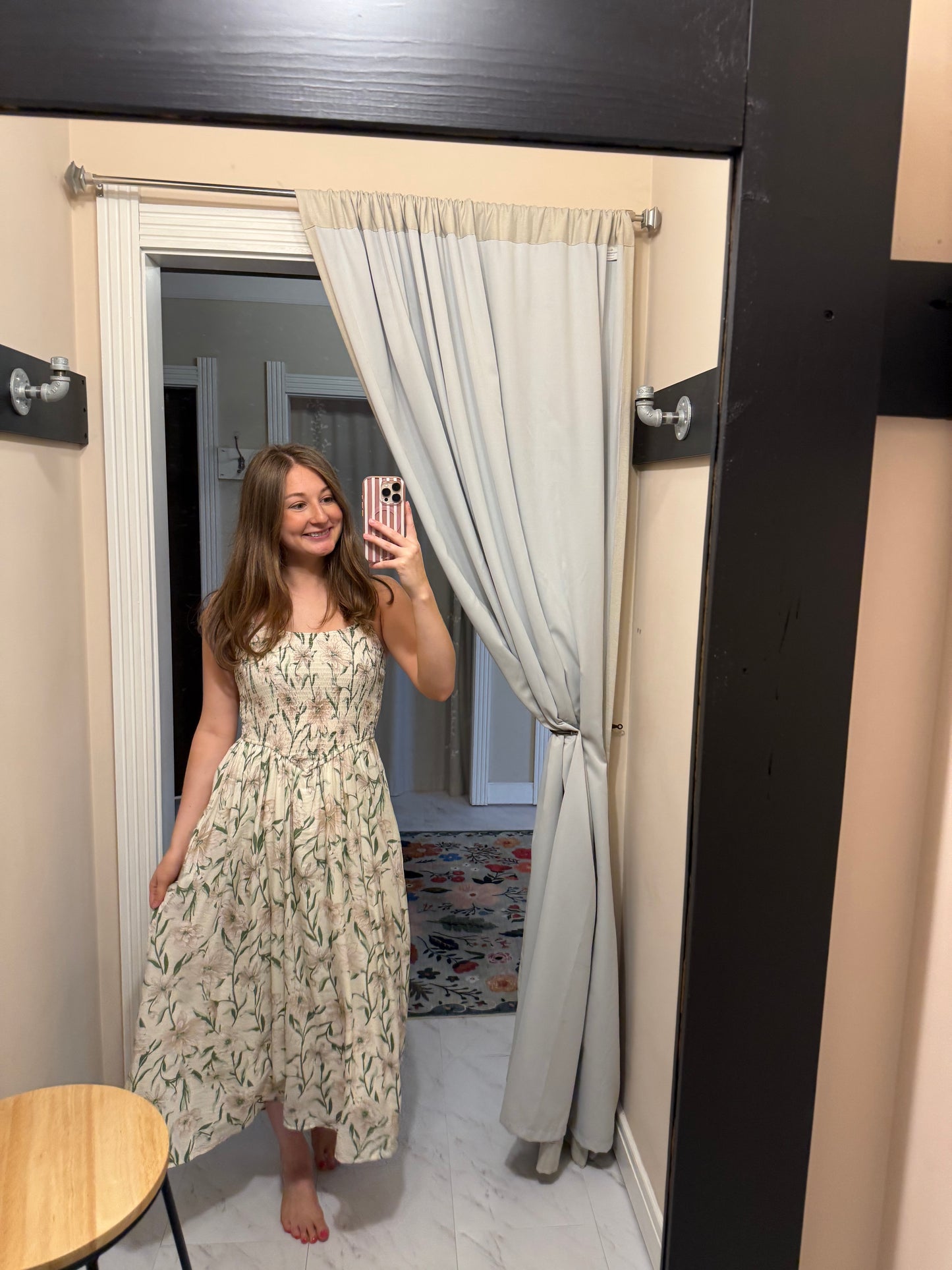 Floral Smocked Spaghetti Strap Midi Sundress - Ivory