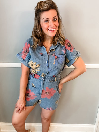 Denim Romper with Flowers