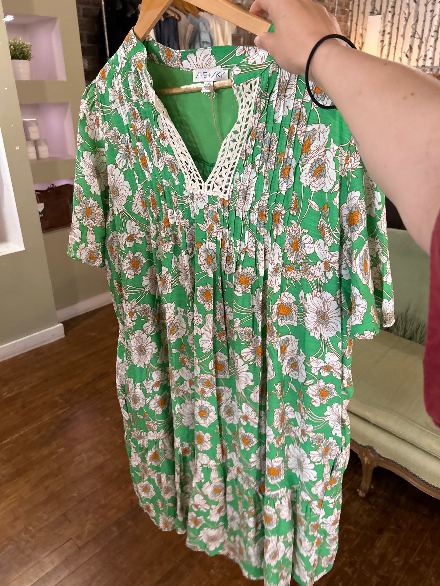 Green and White Floral Dress - Plus