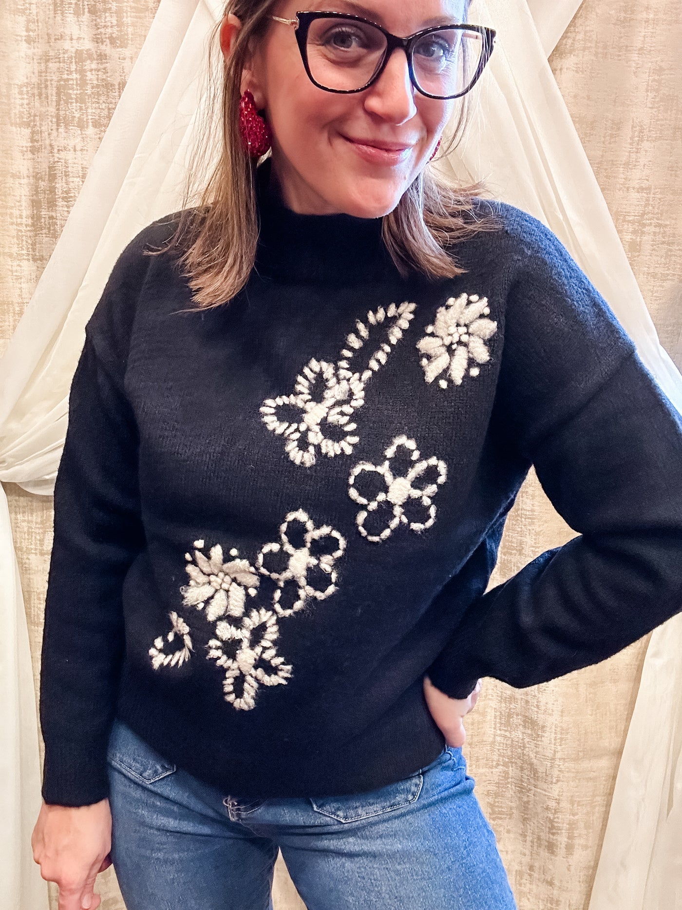 Black Sweater with White Embroidery