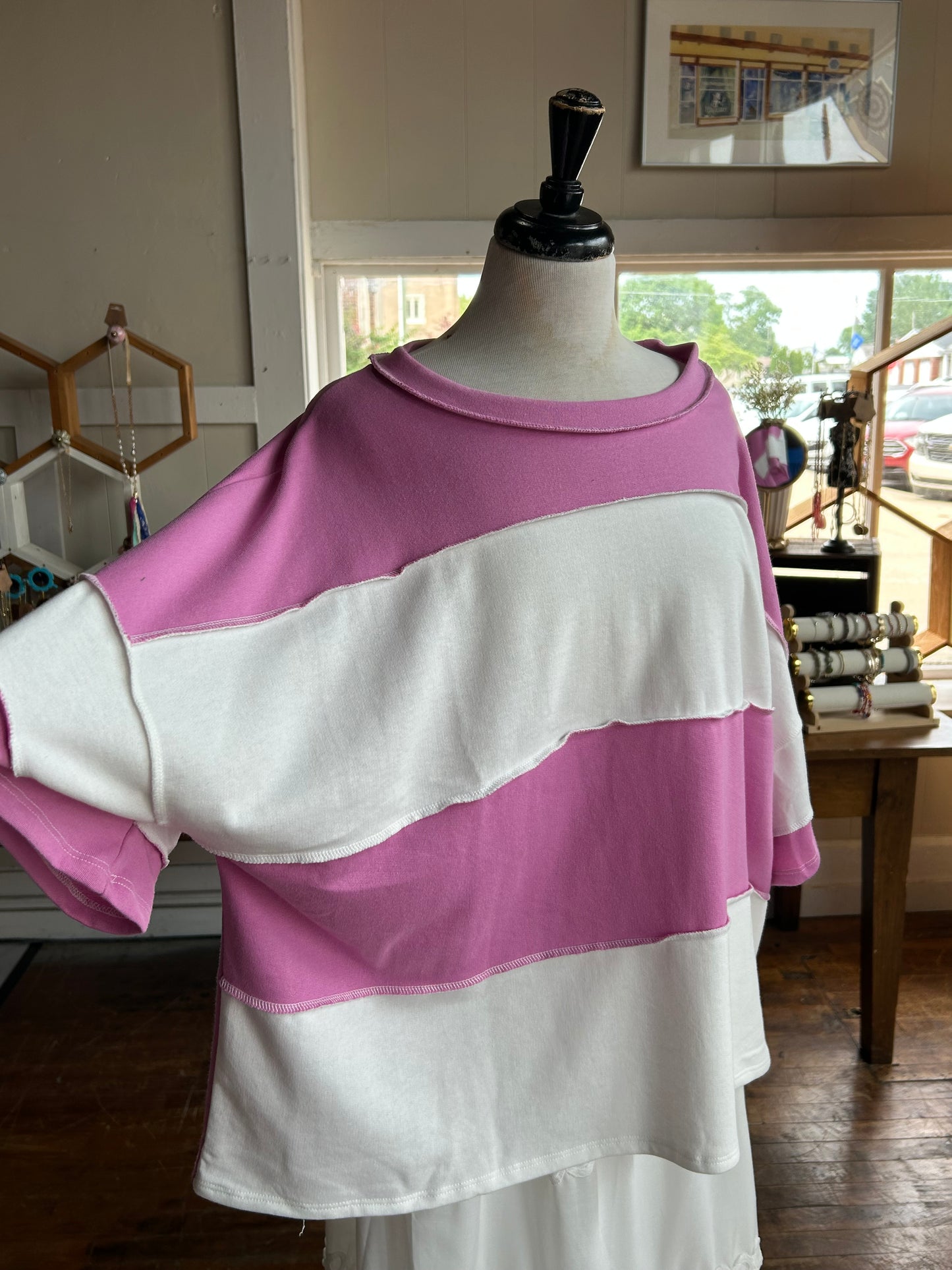 French Terry Striped Exposed Seam Top - Pink - Plus