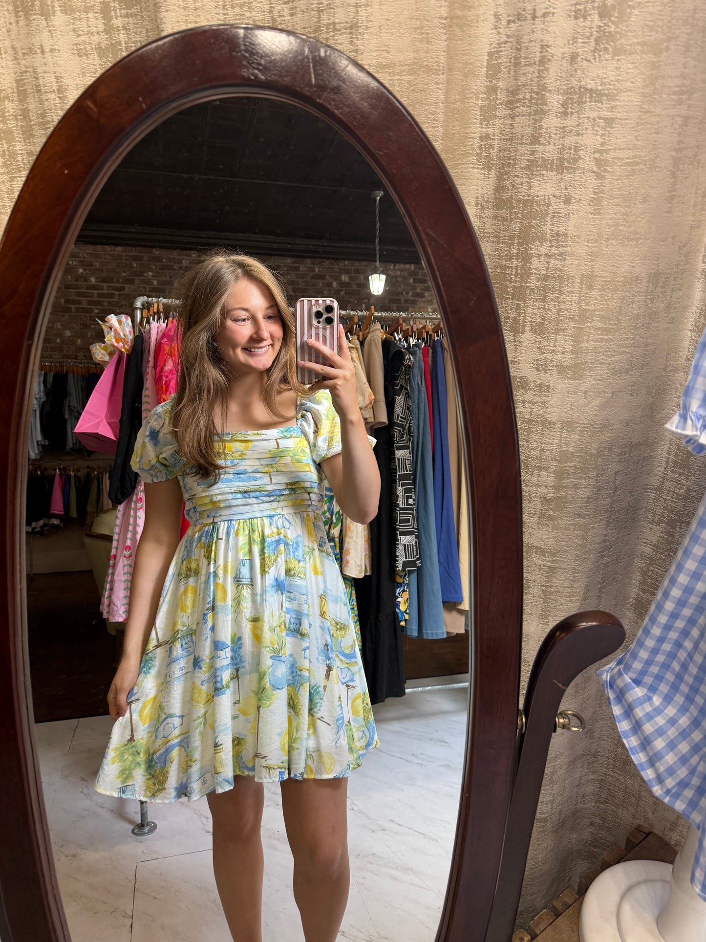 Lemon Print Pleated Short Puff Sleeve Mini Dress