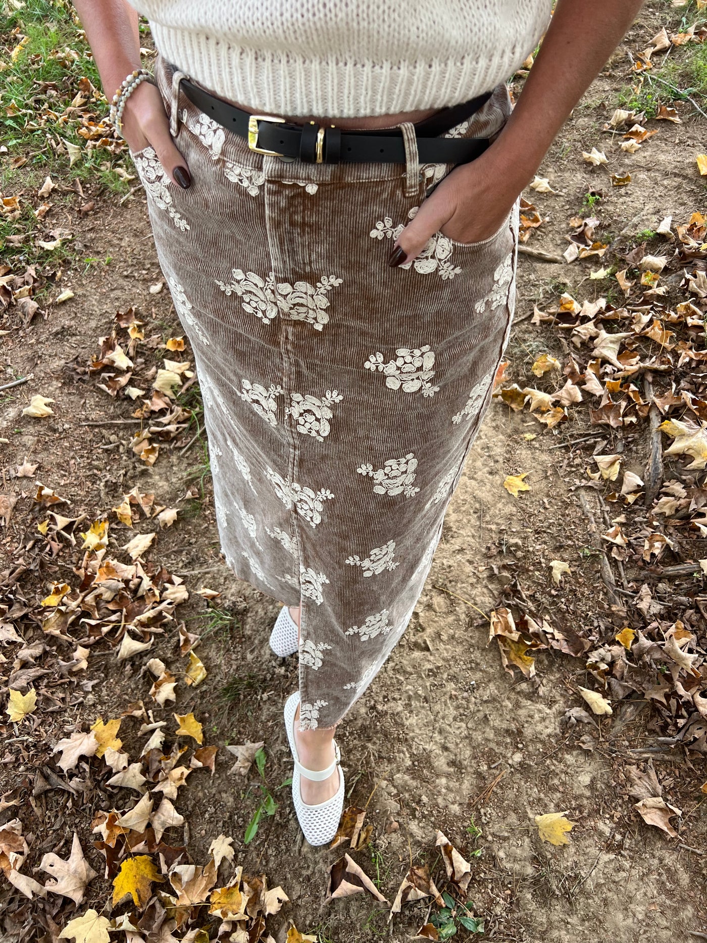 Corduroy Skirt with Embroidery Details