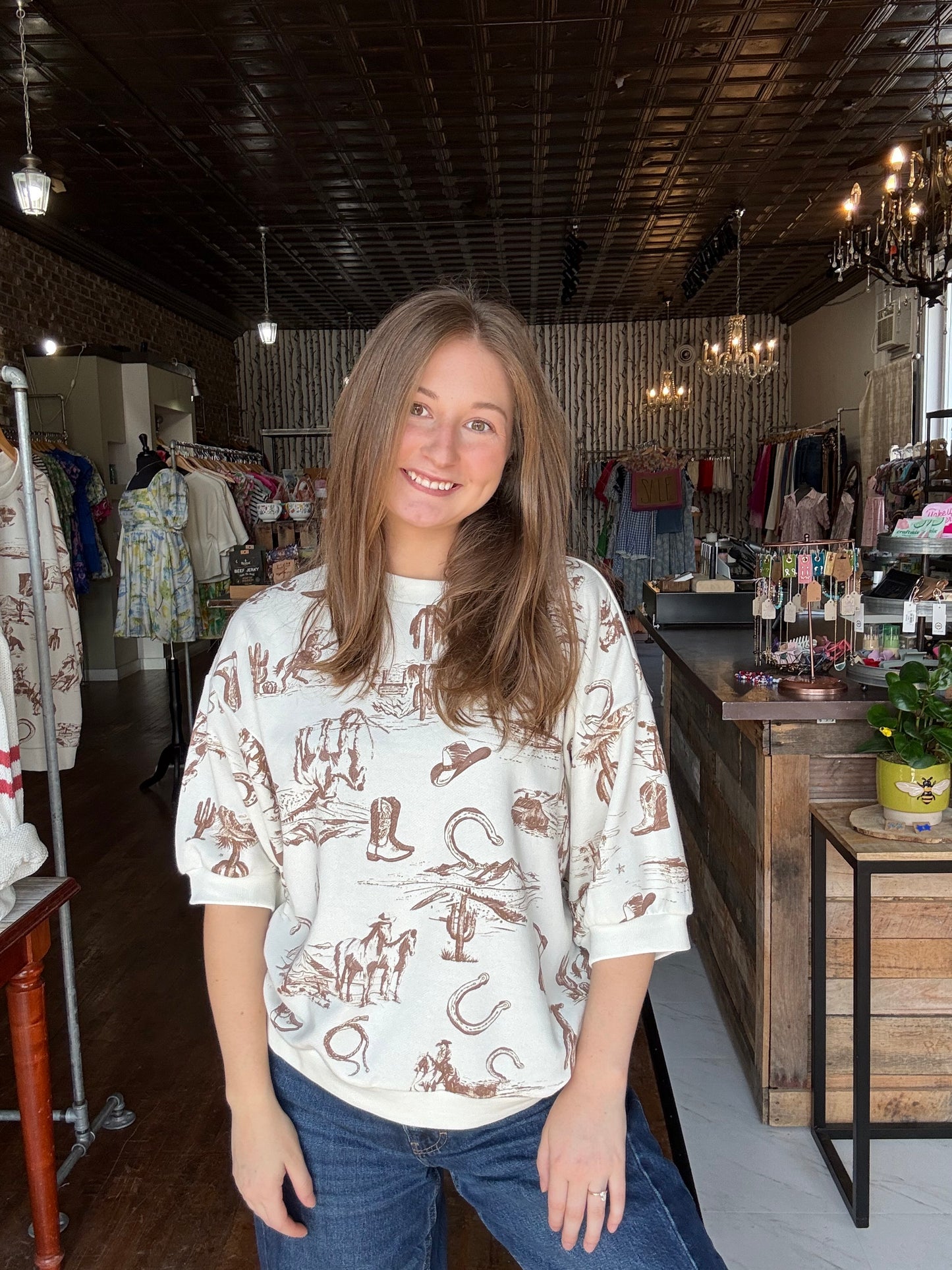 Western Print Short Sleeve Drop Shoulder Knit Top