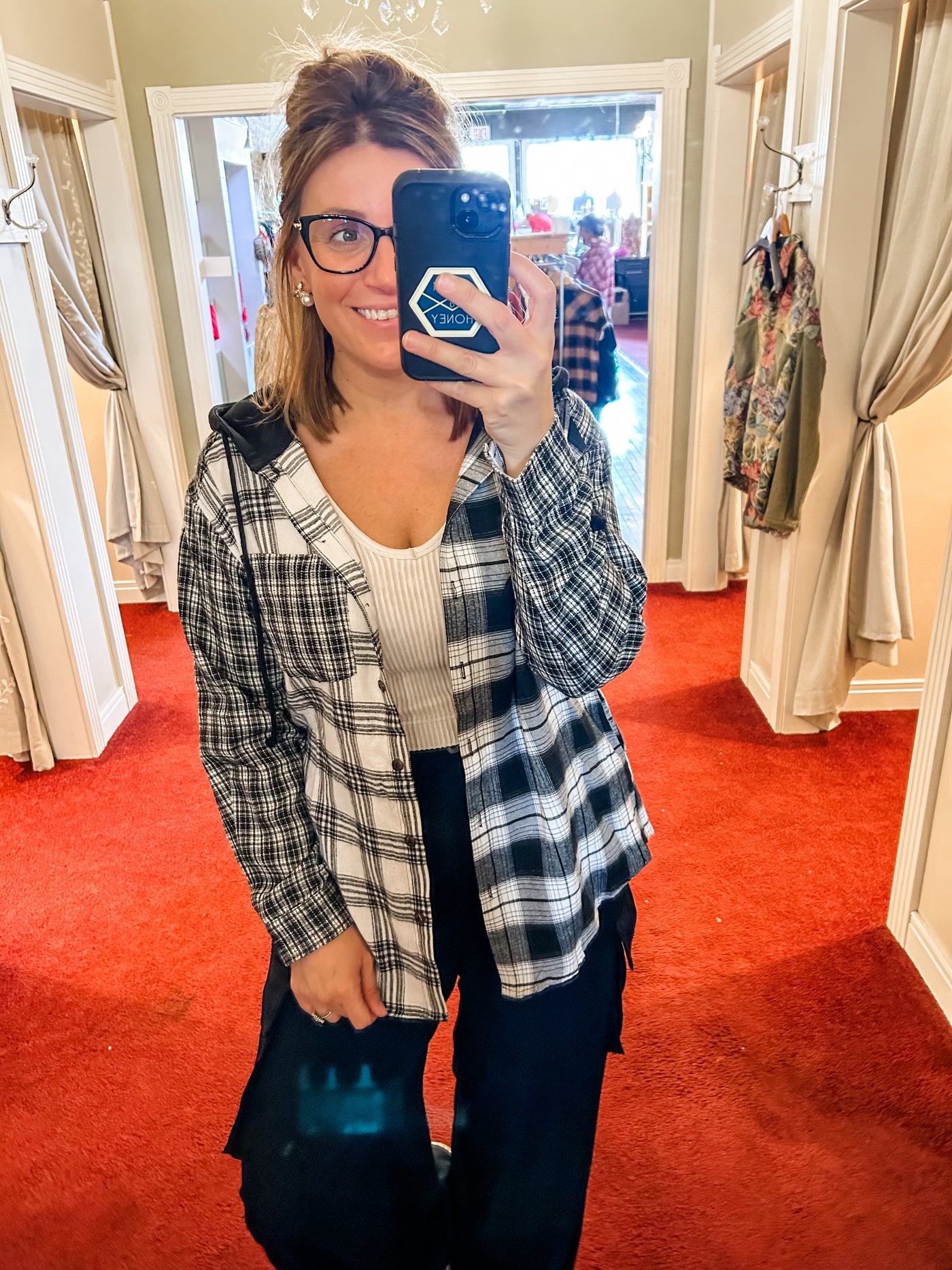 Black Hooded Plaid Top