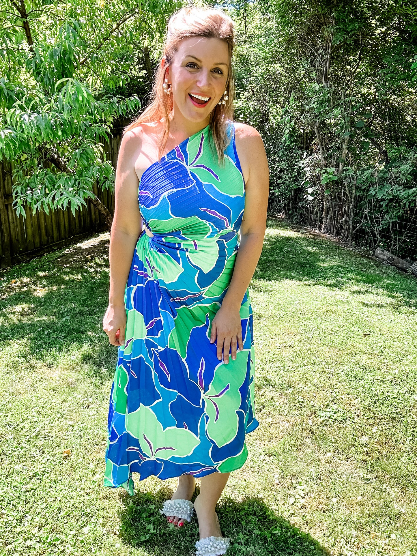 Blue and Green Pleated One Shoulder Dress