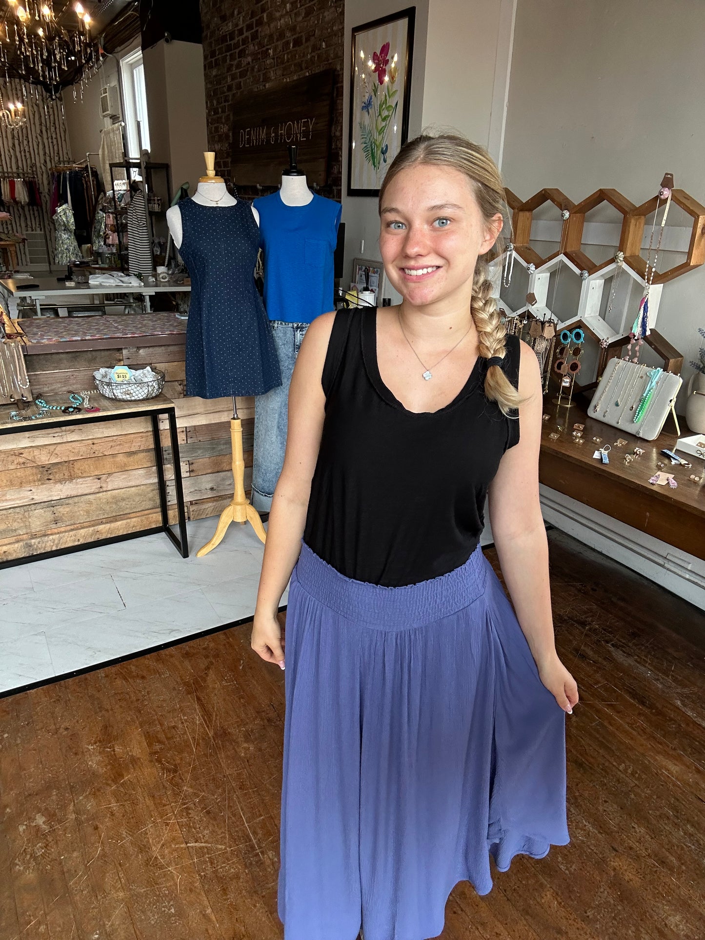 Woven Crinkle Smocked Waist Side Slit Maxi Skirt with Pockets - Marlin Blue