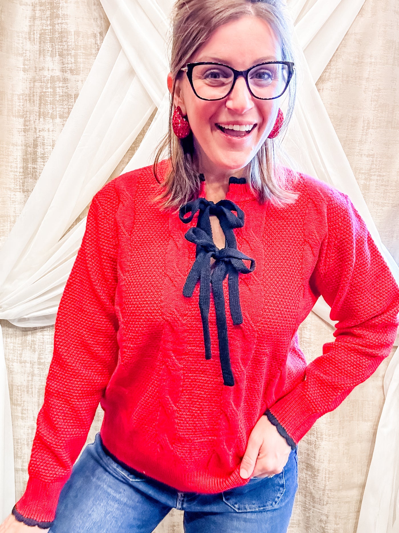 Red Front Tie Bow Sweater