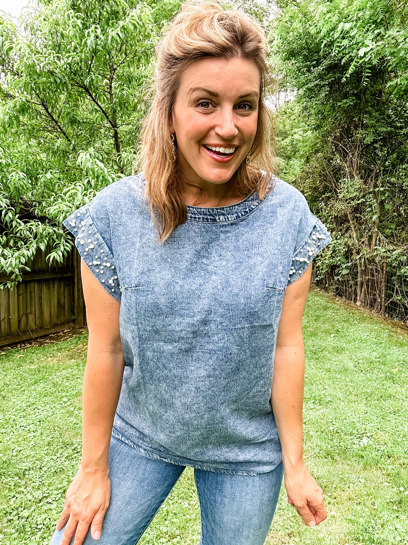 Denim Top with Pearl Details