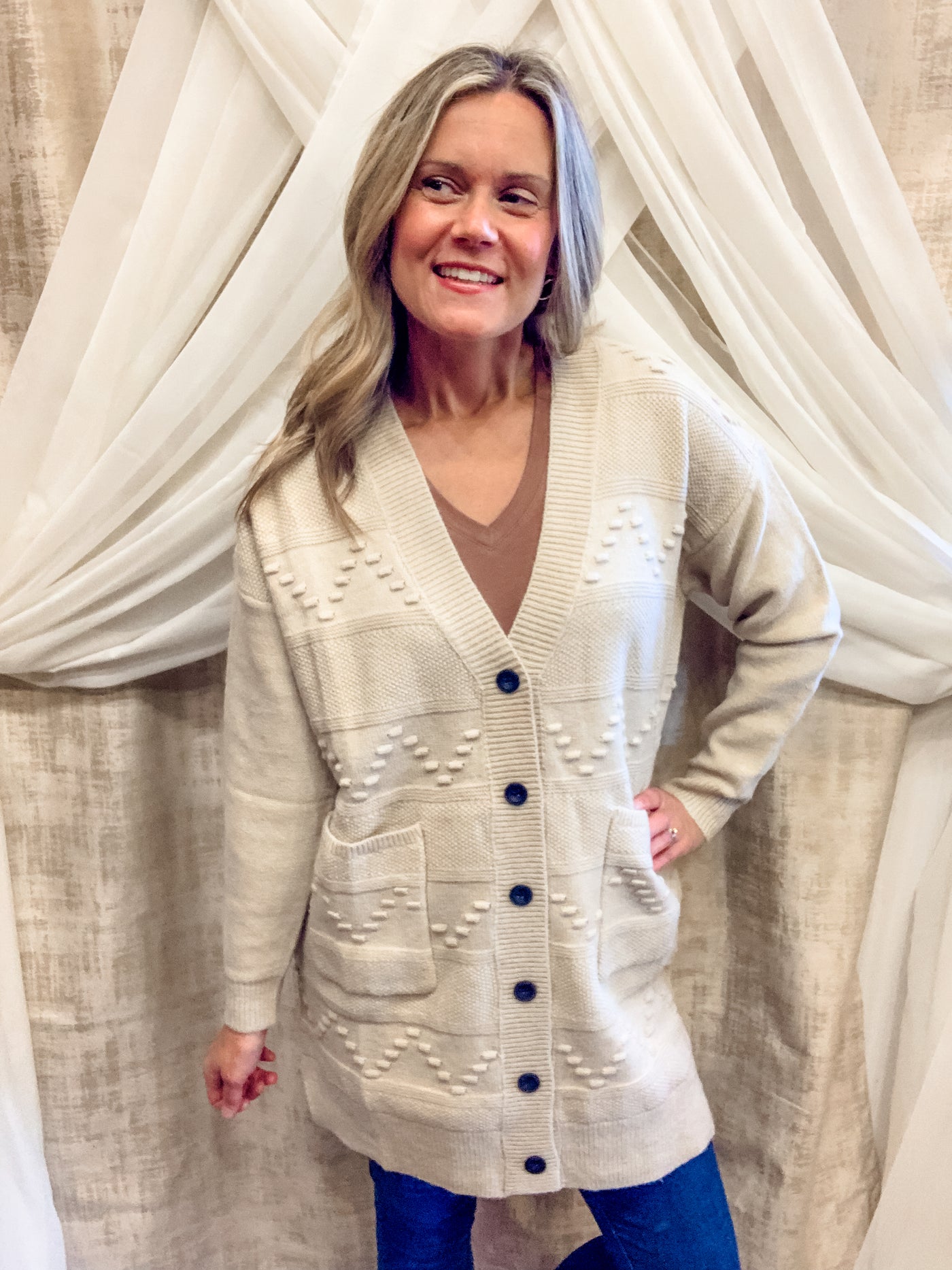Taupe Textured Button Cardigan