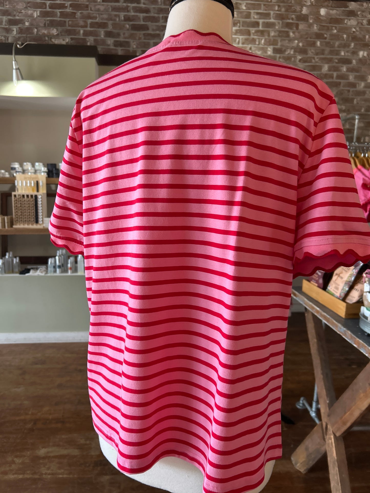 Stripe Scalloped Trim Round Neck T Shirt | S-Xl - Pink