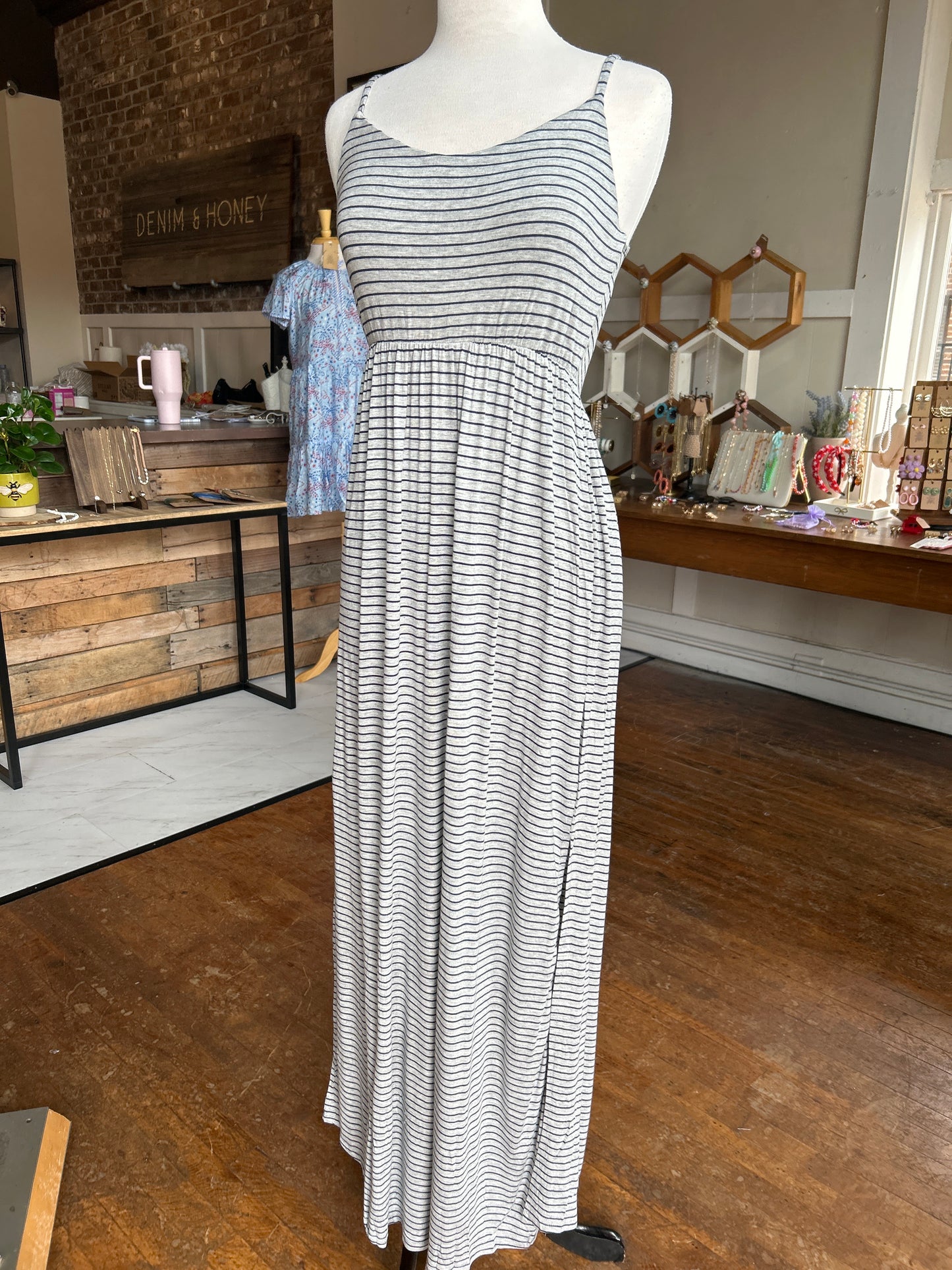 Slip Stripe Maxi Dress - Grey and Navy