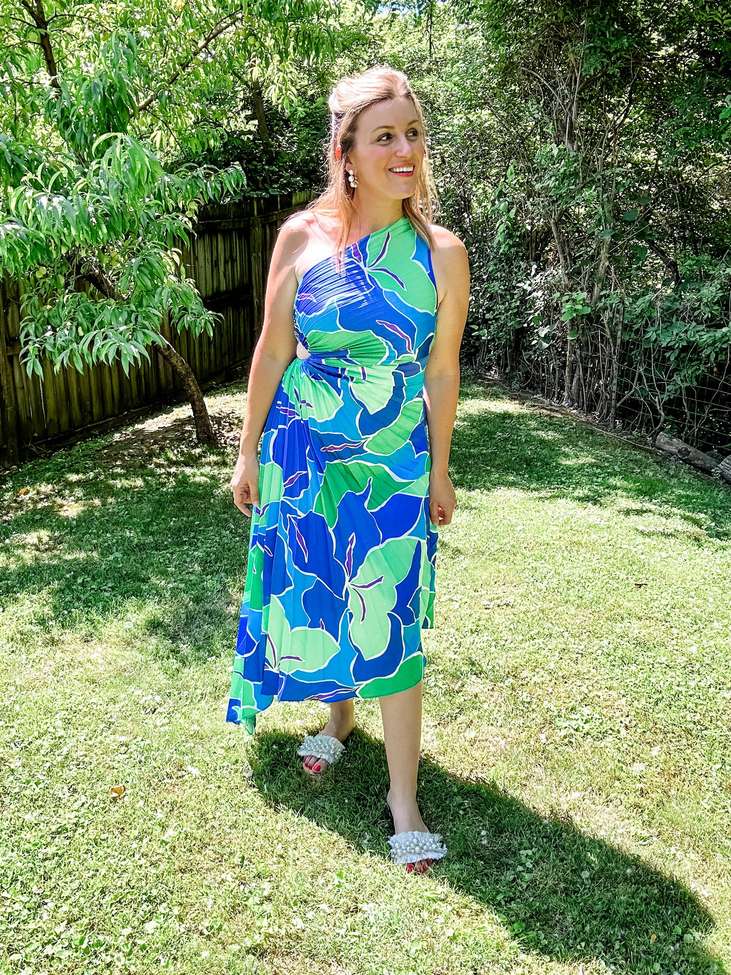 Blue and Green Pleated One Shoulder Dress