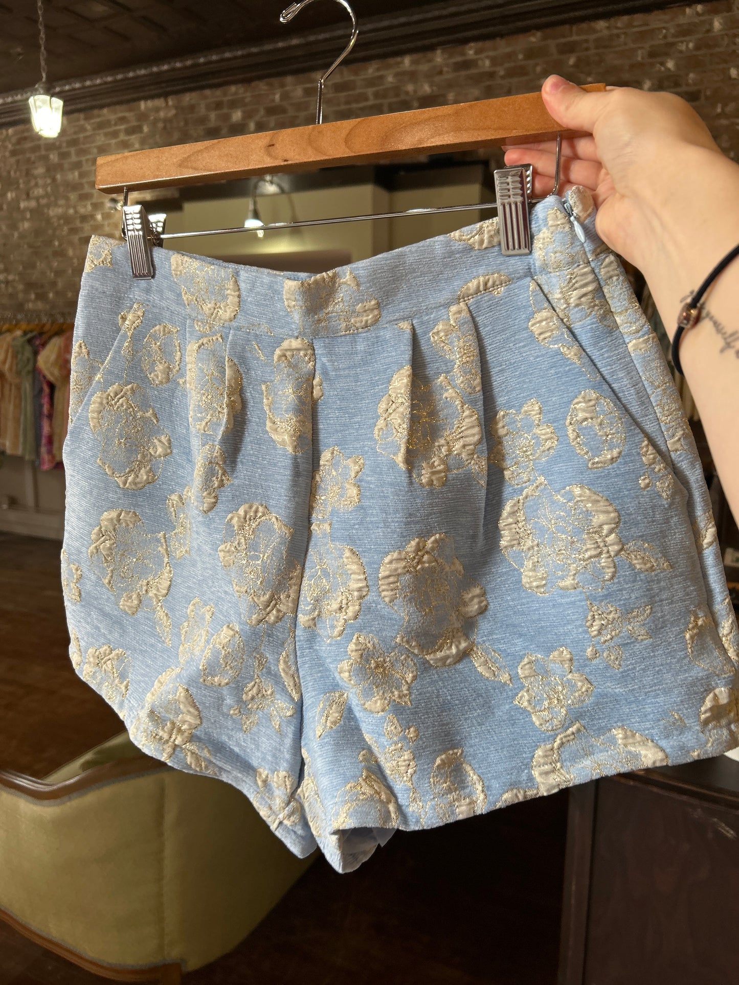 Metallic Floral Pleated Shorts - Light Blue