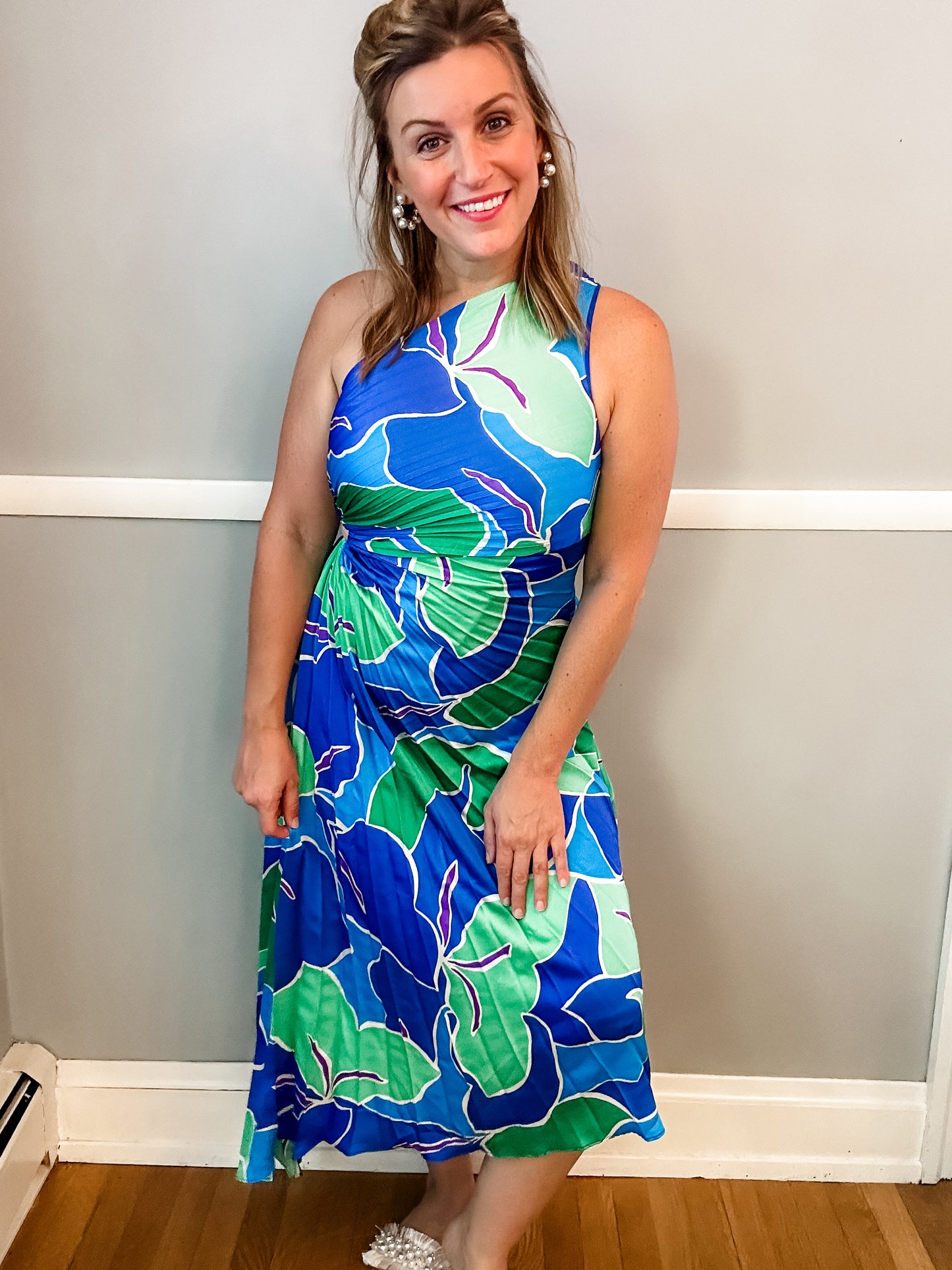 Blue and Green Pleated One Shoulder Dress