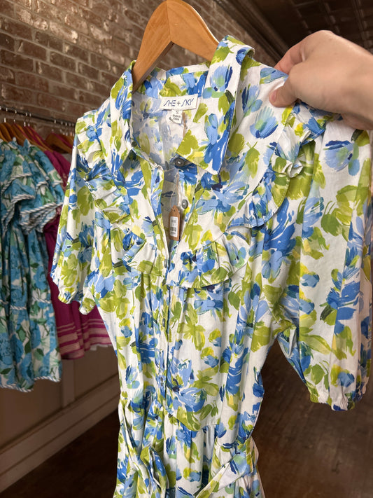 Blue and Green Floral Mini Dress with Pockets