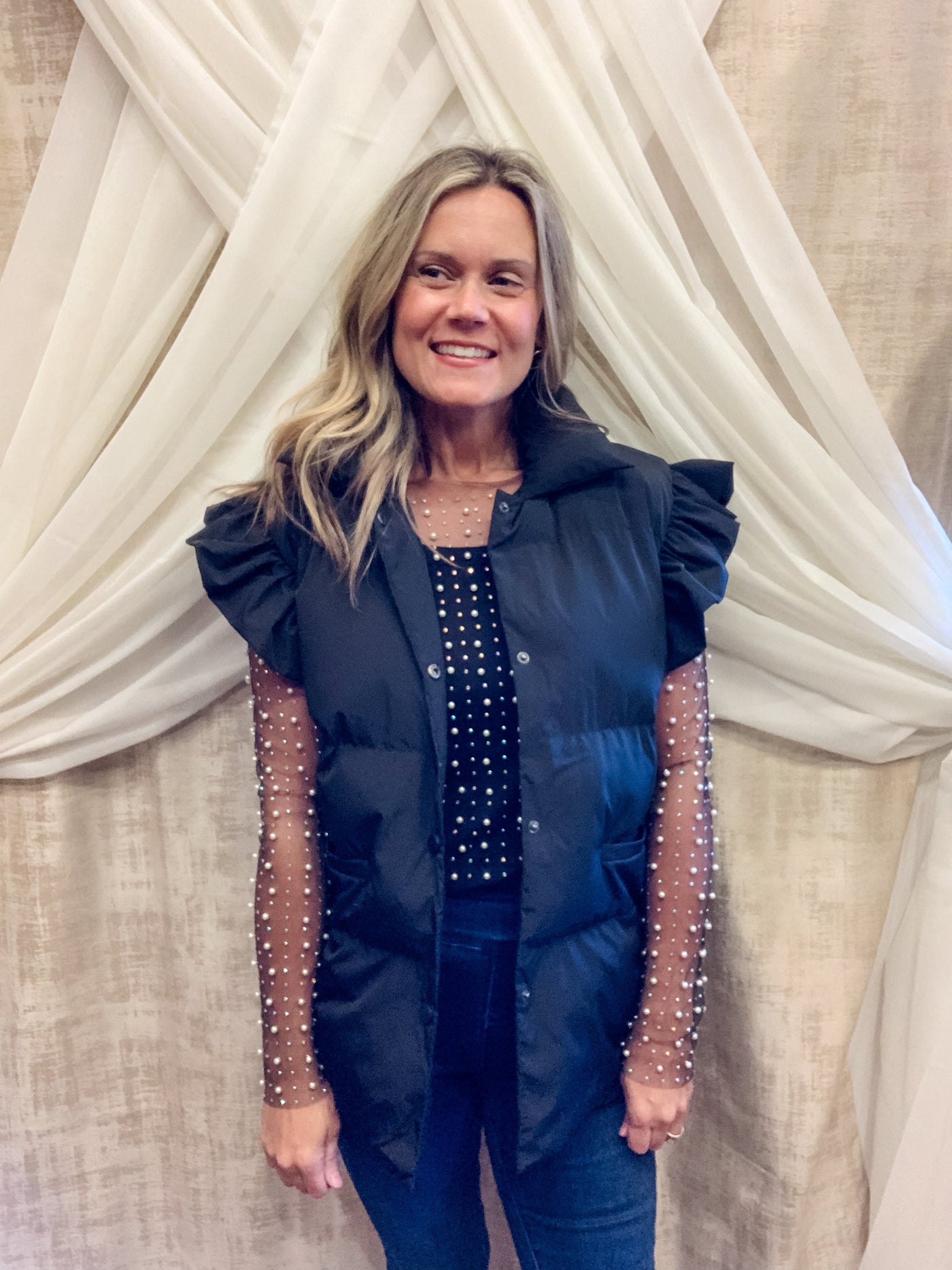 Black Ruffle Puffer Vest