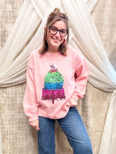 Light Pink Sweater with Fringe Tree