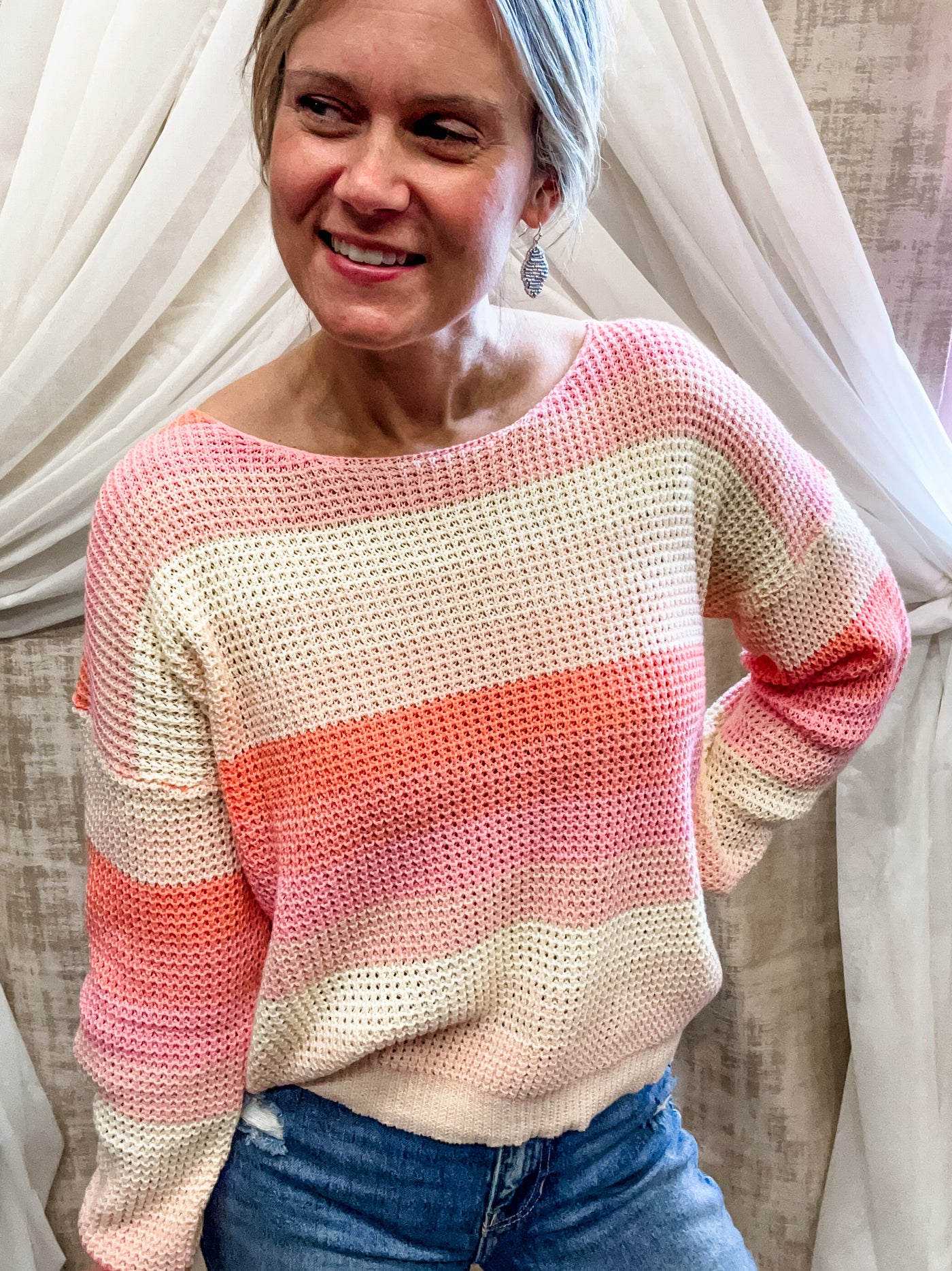 Pastel Pink Striped Open Knit Sweater