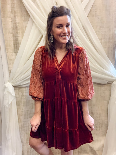 Rust Tiered Velvet Dress with Lace Sleeves