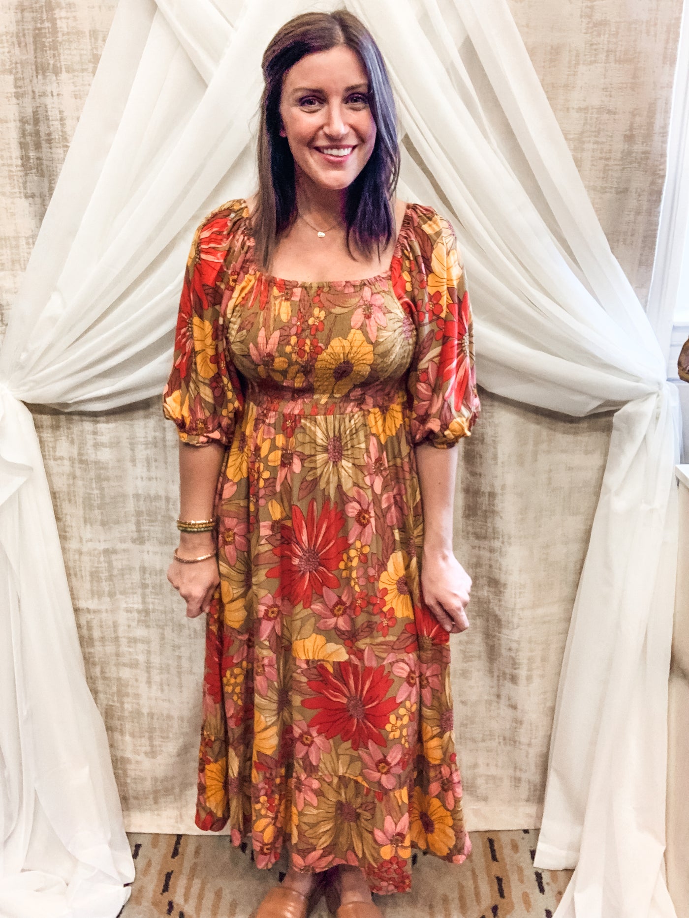 Olive Floral Midi Dress