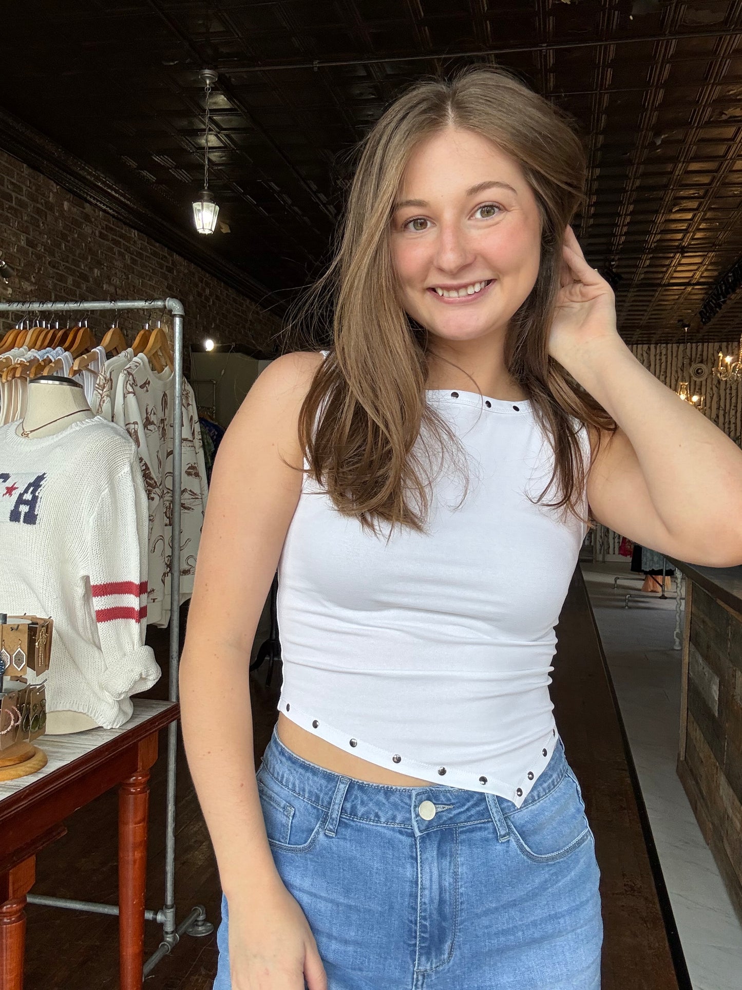 Stud Detail Asymmetrical Hem Knit Crop Top - White