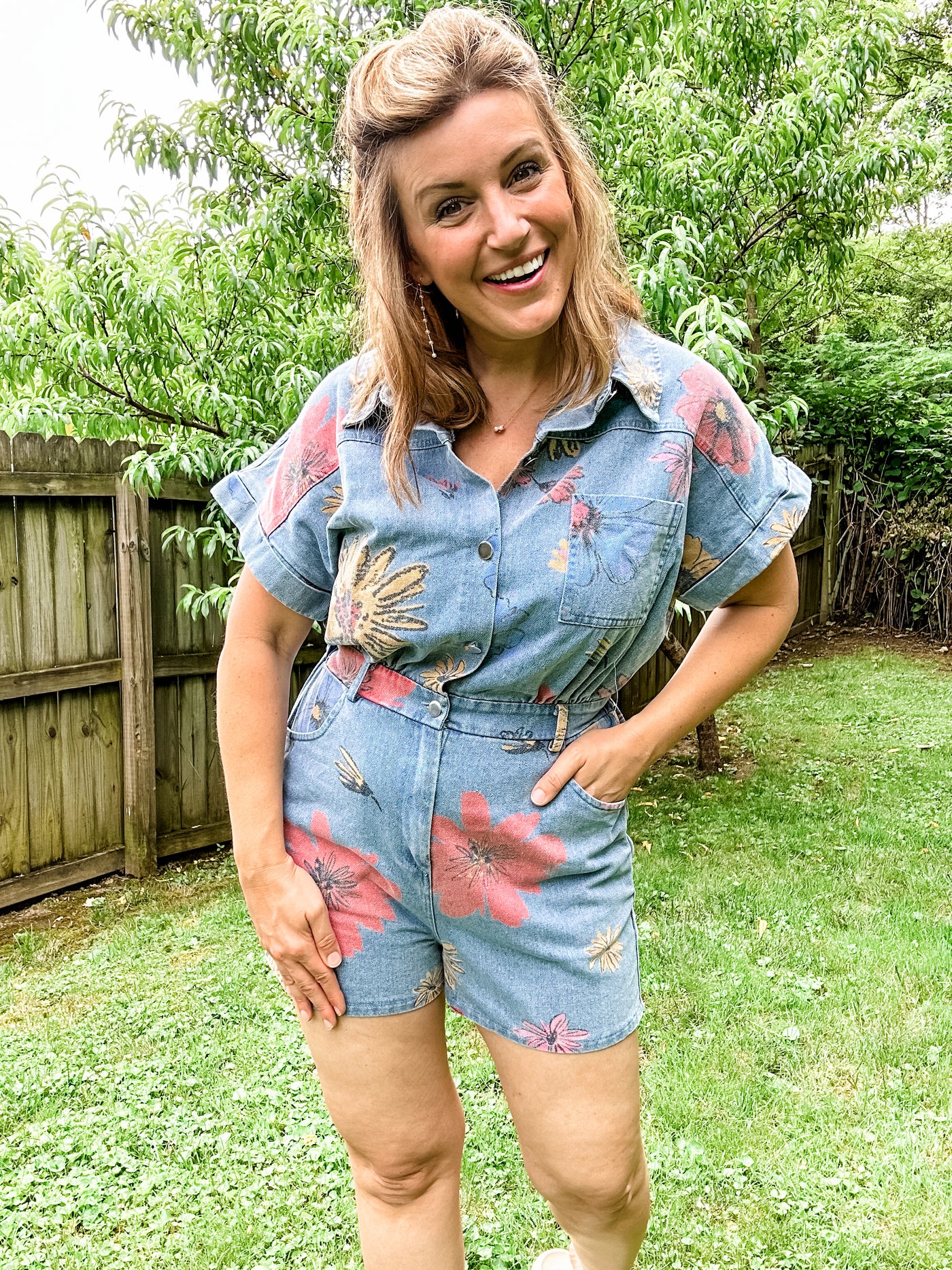 Denim Romper with Flowers