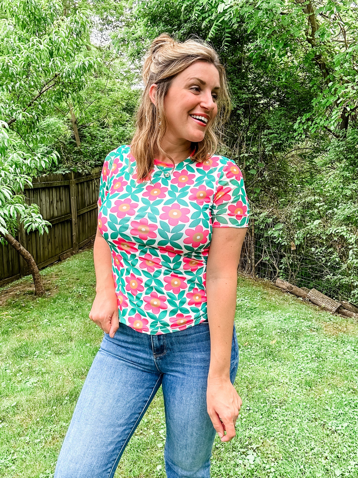 Pink and Green Retro Floral Tee