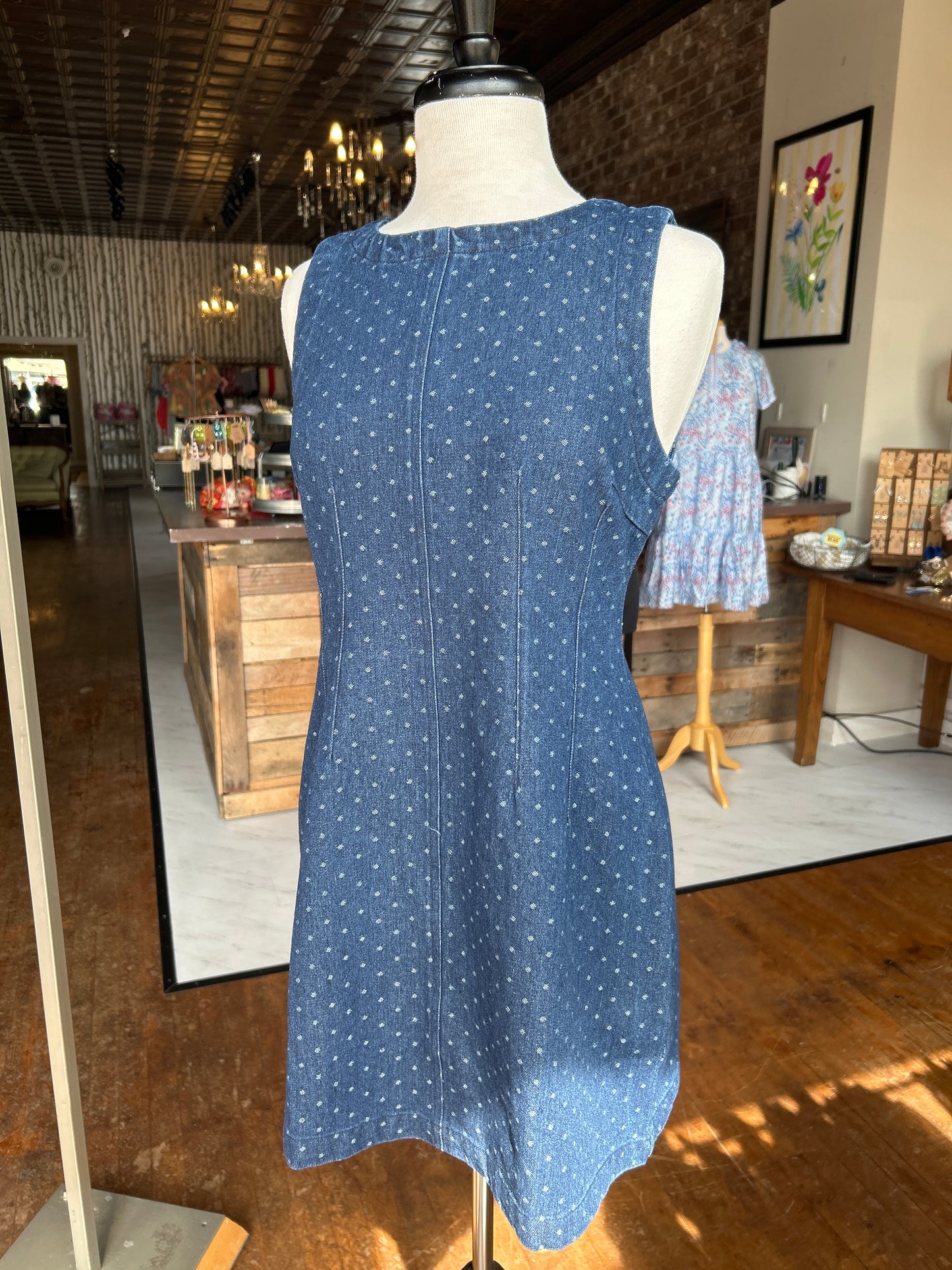POLKA DOT SLEEVELESS SEAM DETAIL DENIM MINI DRESS