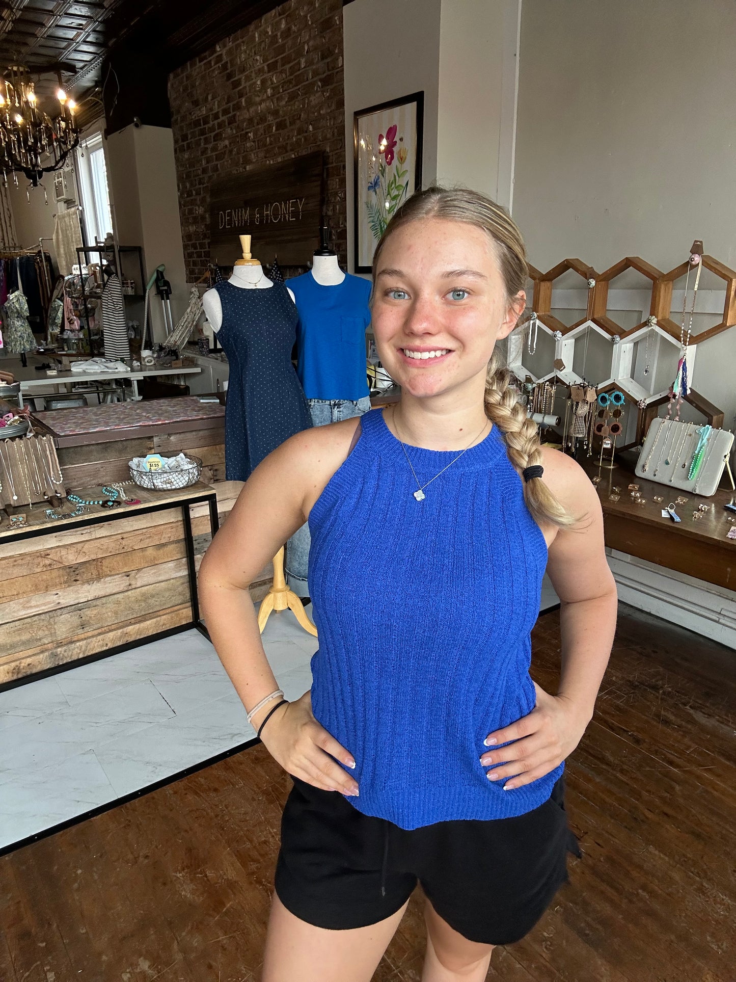 Halter Crochet Knit Tank Top - Blue