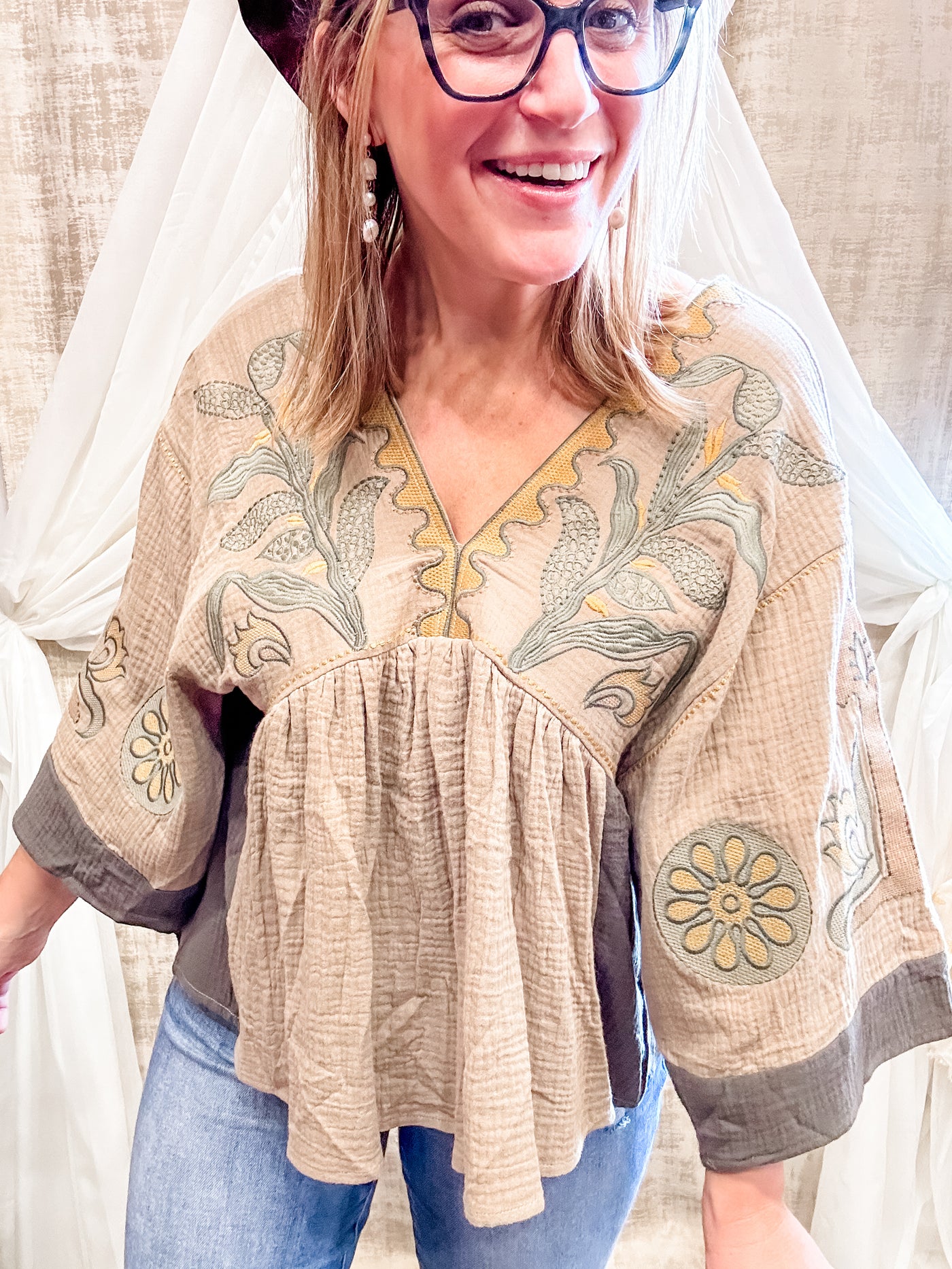 Dusty Olive Embroidered Boho Top